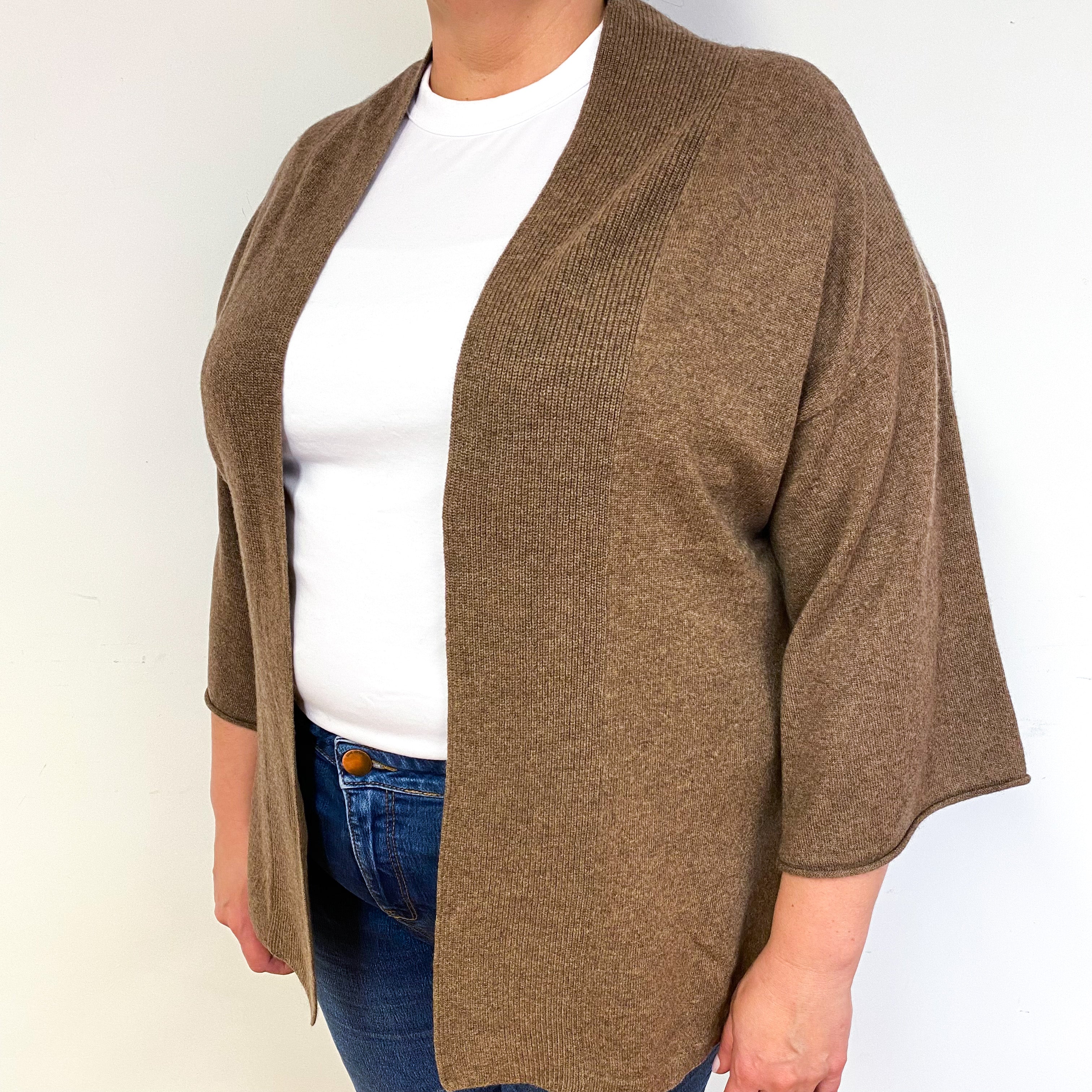 Pecan Brown 3/4 Sleeve Cashmere Edge to Edge Cardigan Extra Large