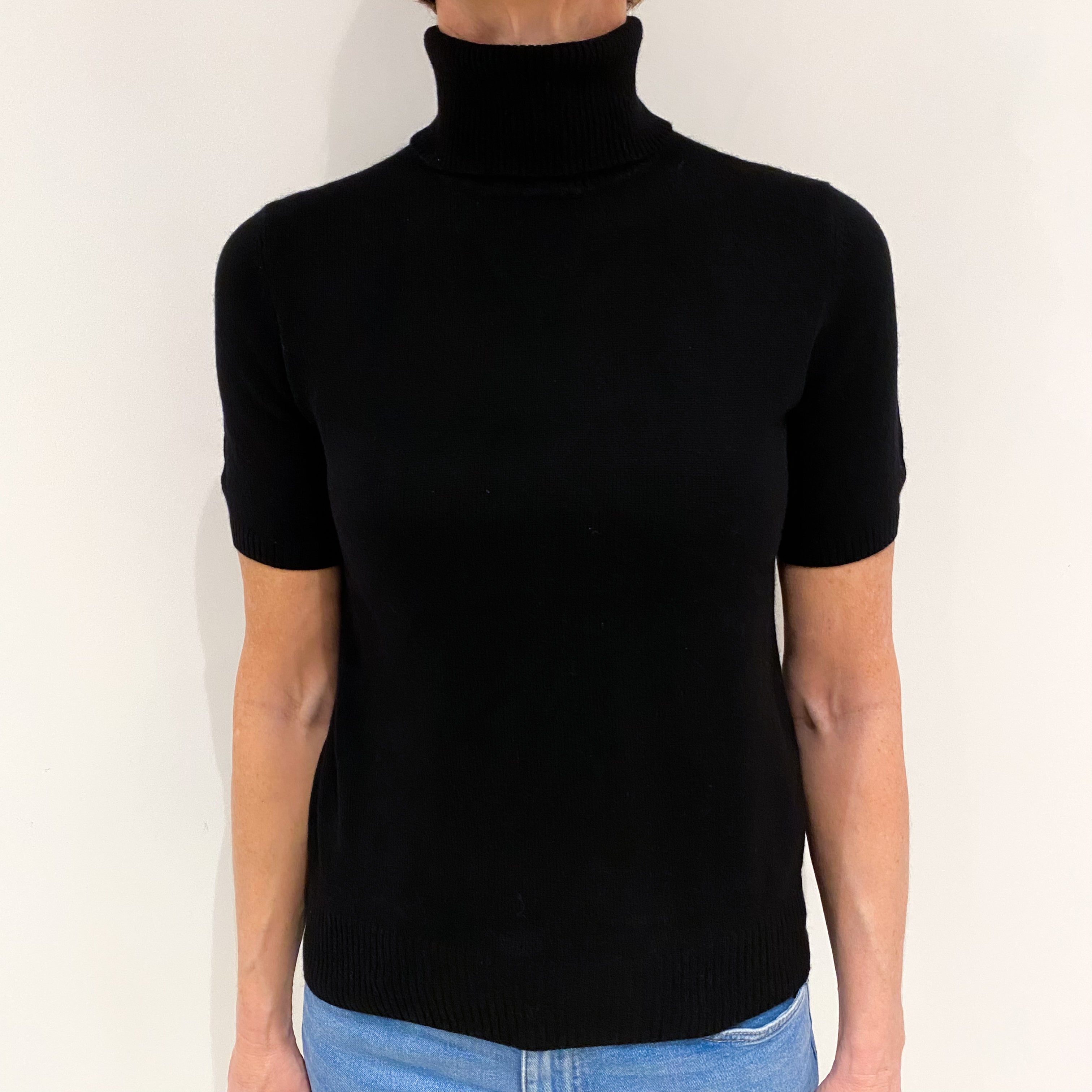 Black Cashmere Short Sleeved Polo Neck Jumper Small