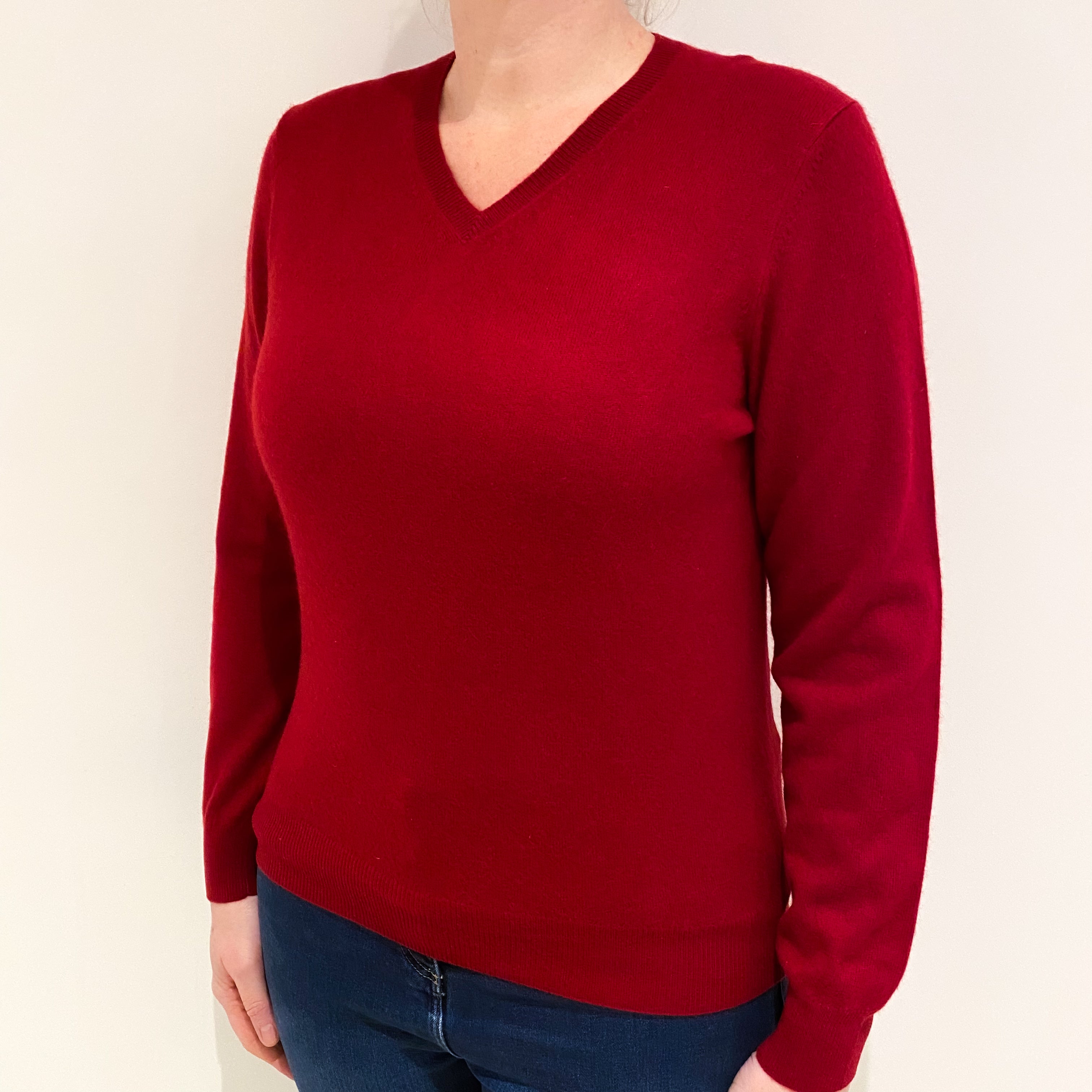 Crimson Red Cashmere V Neck Jumper Large