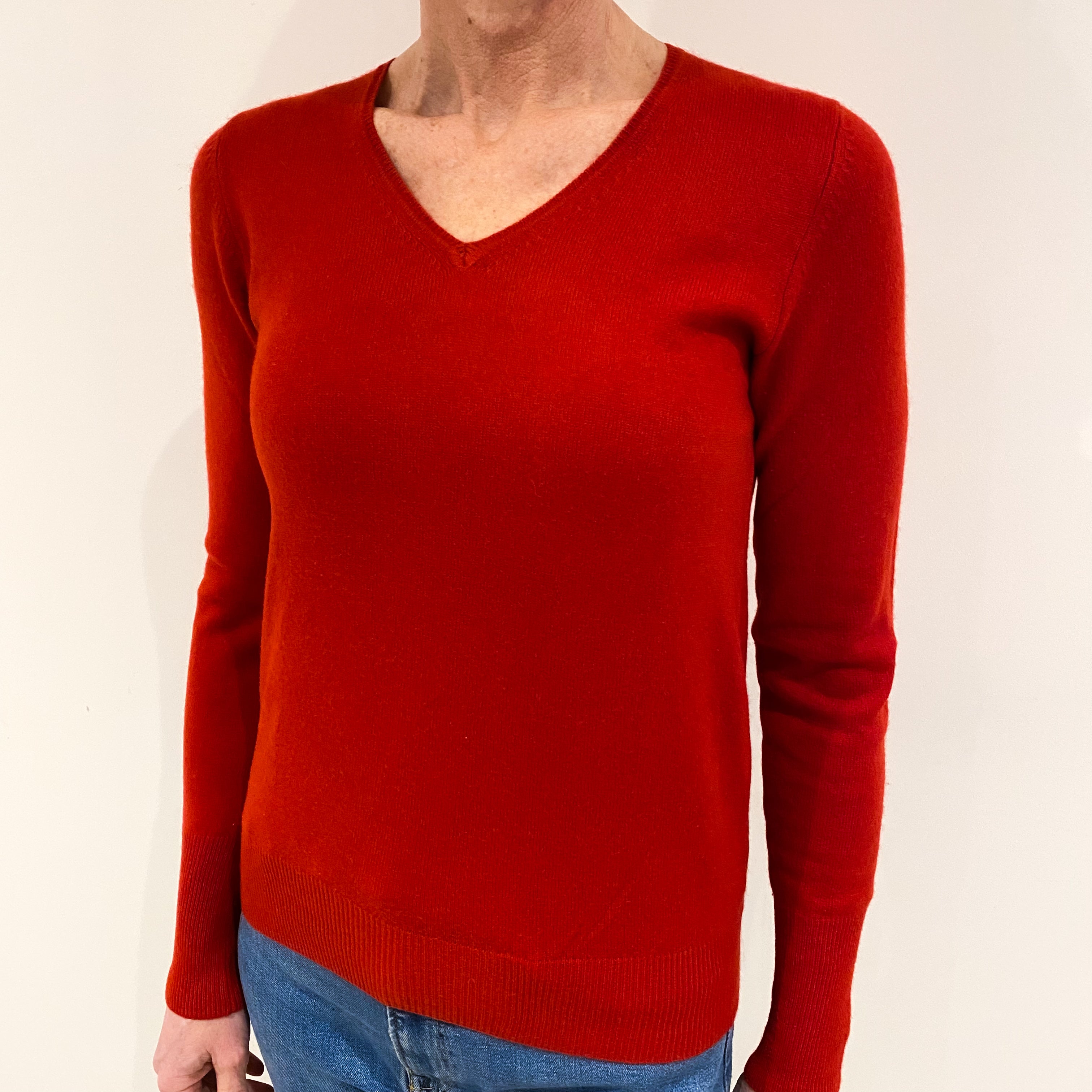 Tomato Red Cashmere V Neck Jumper Small