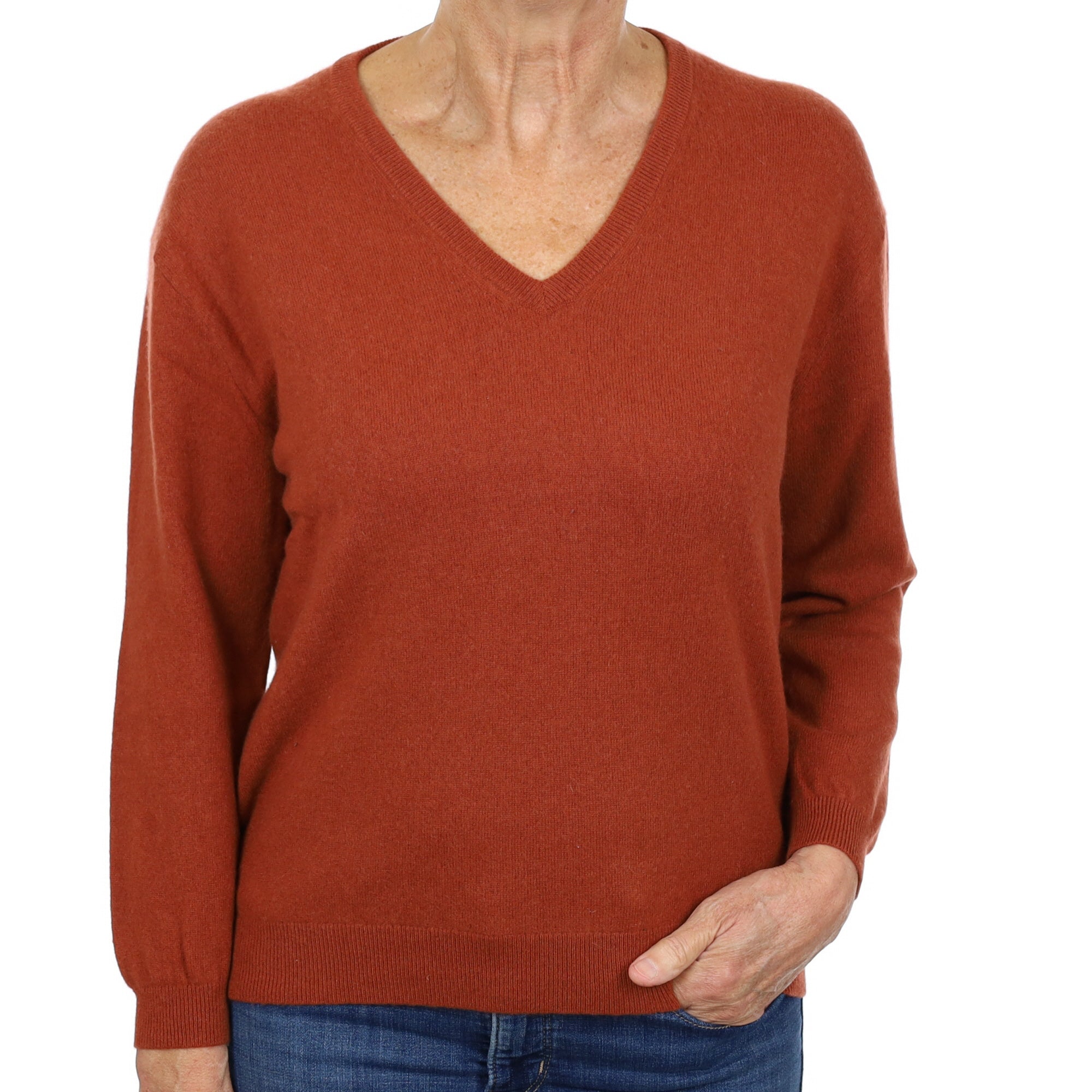 Rust Orange Cashmere V Neck Jumper Medium