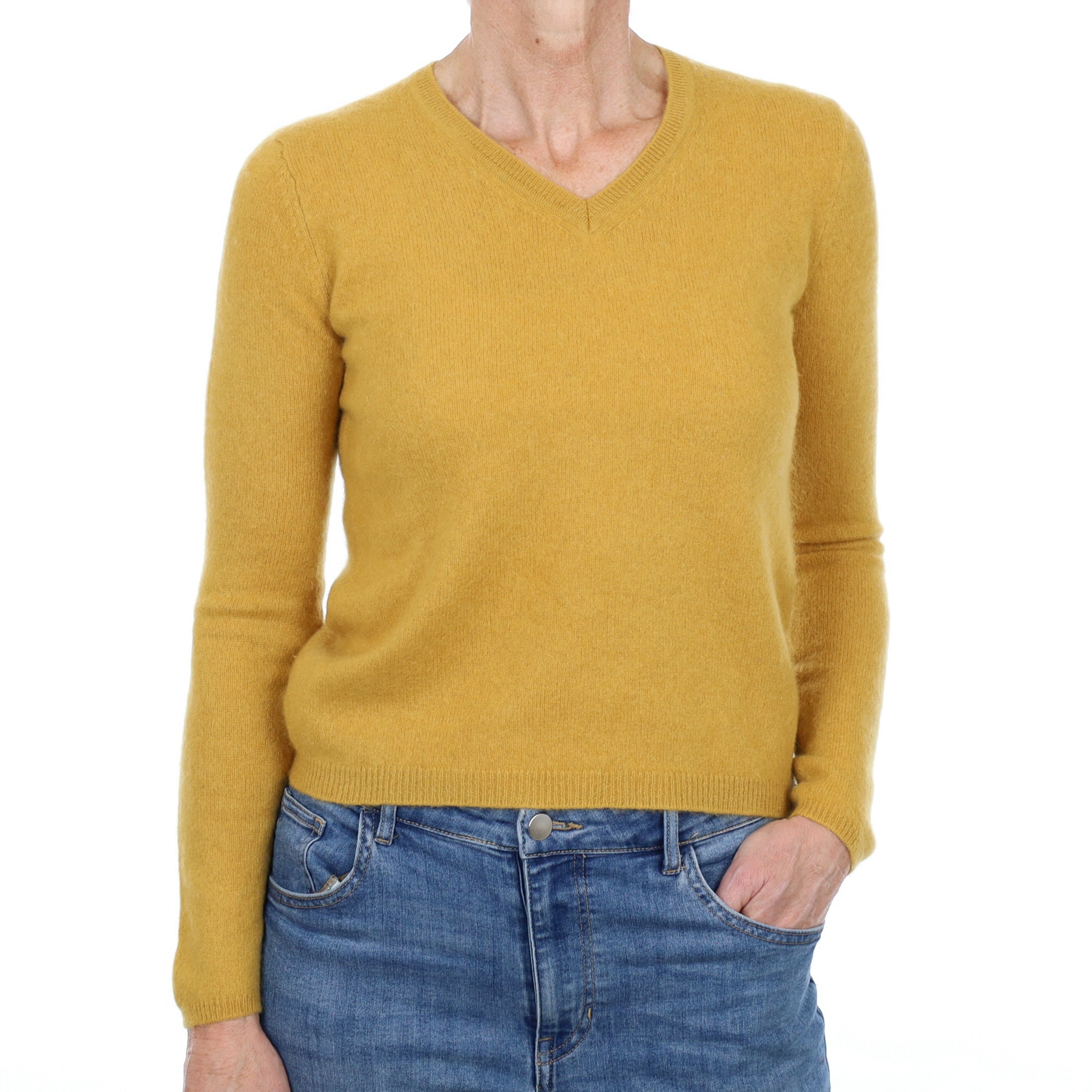 Flaxen Yellow Cashmere V Neck Jumper Small