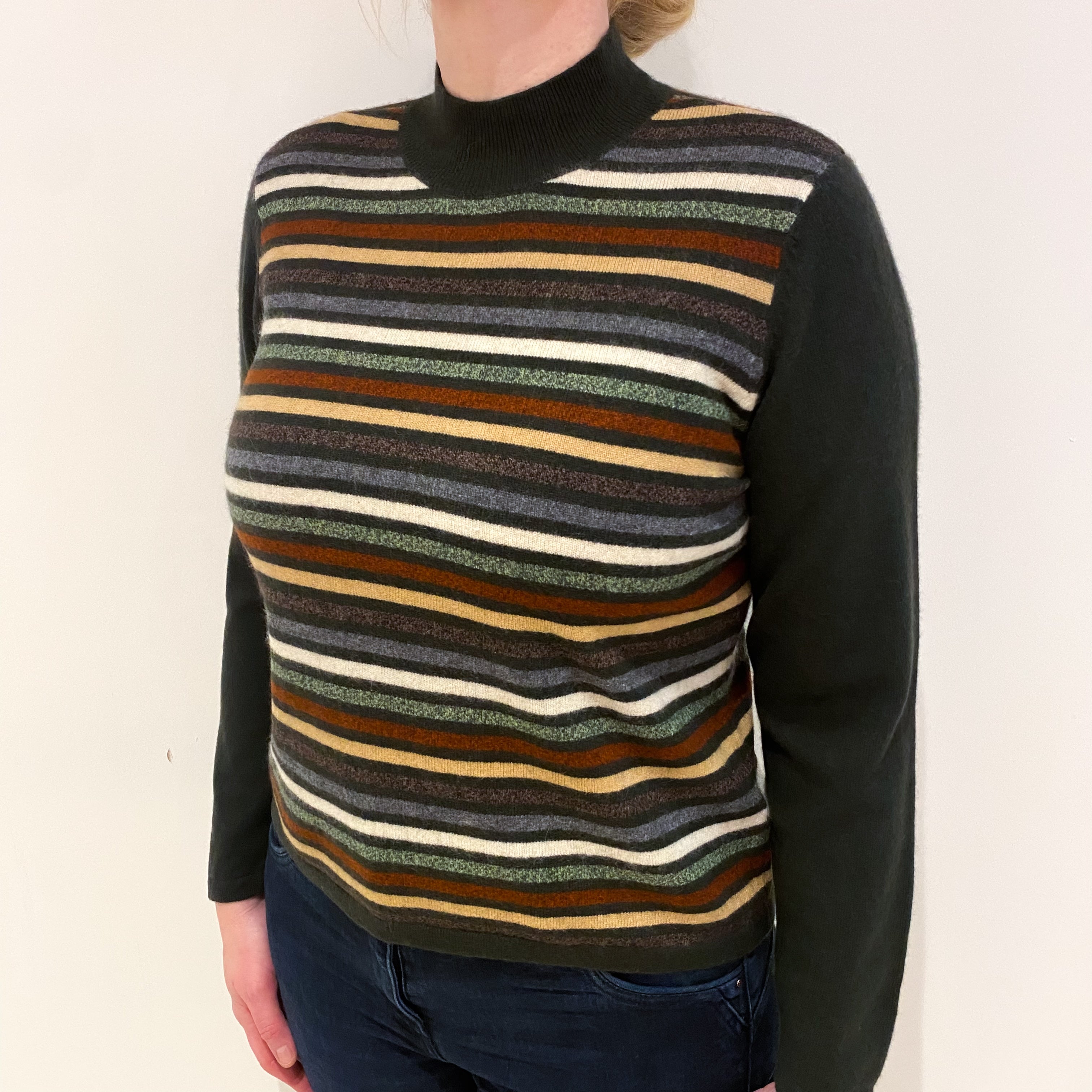 Deep Khaki Striped Cashmere Turtle Neck Jumper Large