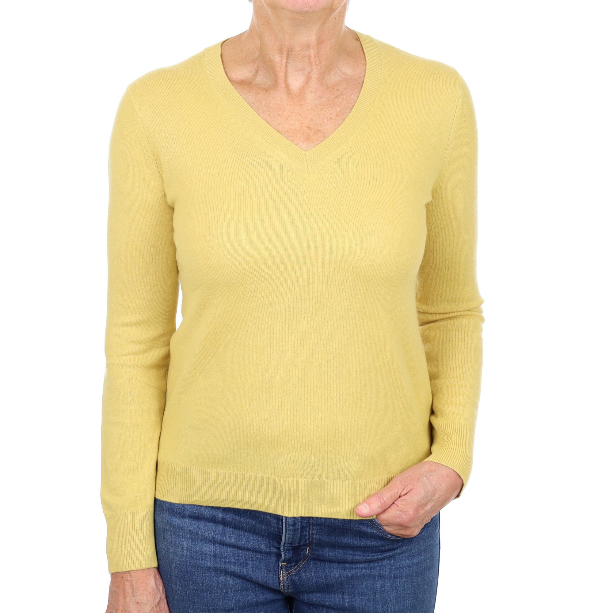 Flaxen Yellow Cashmere V Neck Jumper Medium