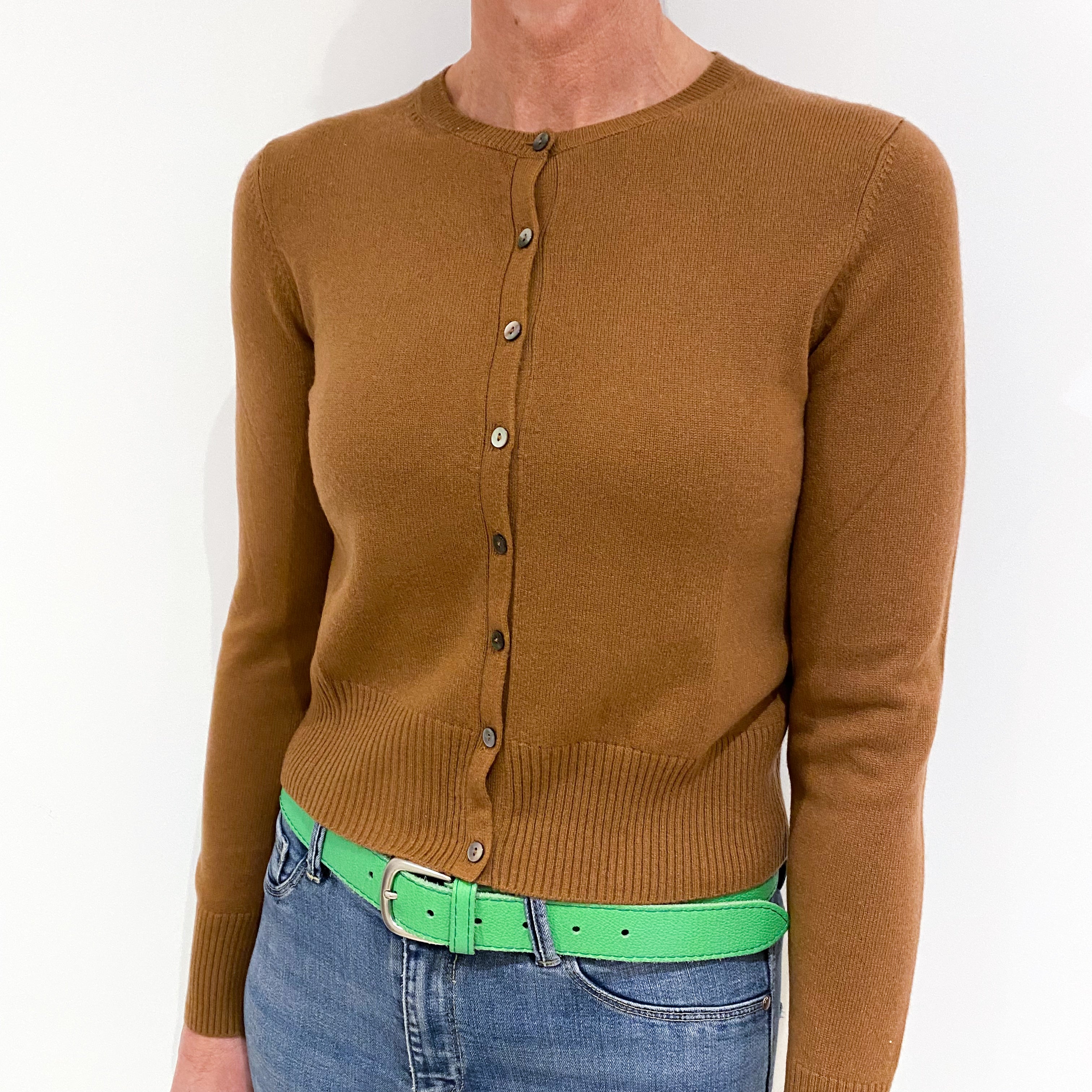 Sienna Brown Cashmere Cropped Crew Neck Cardigan Small
