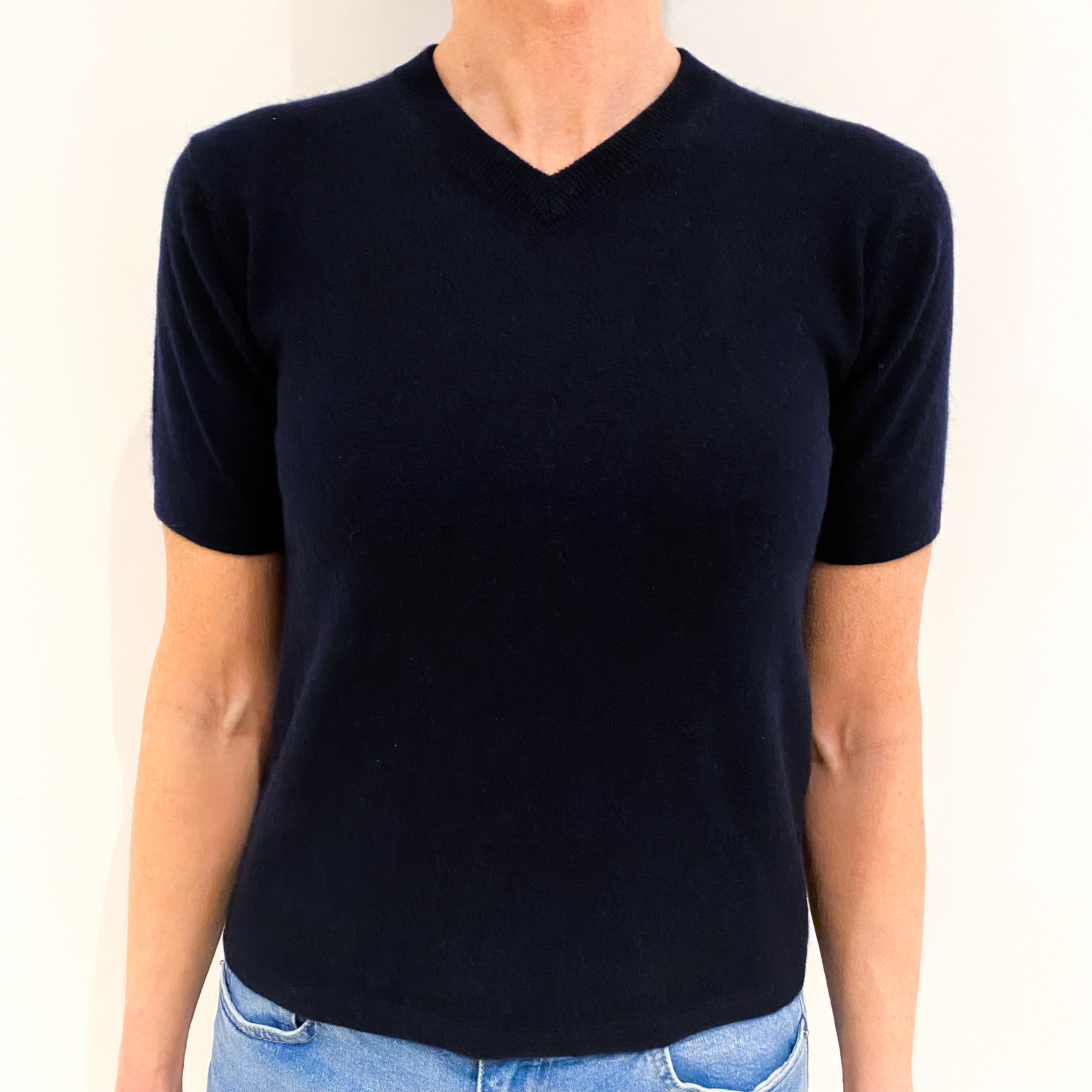 Dark Navy Cashmere V Neck Short Sleeved Jumper Small