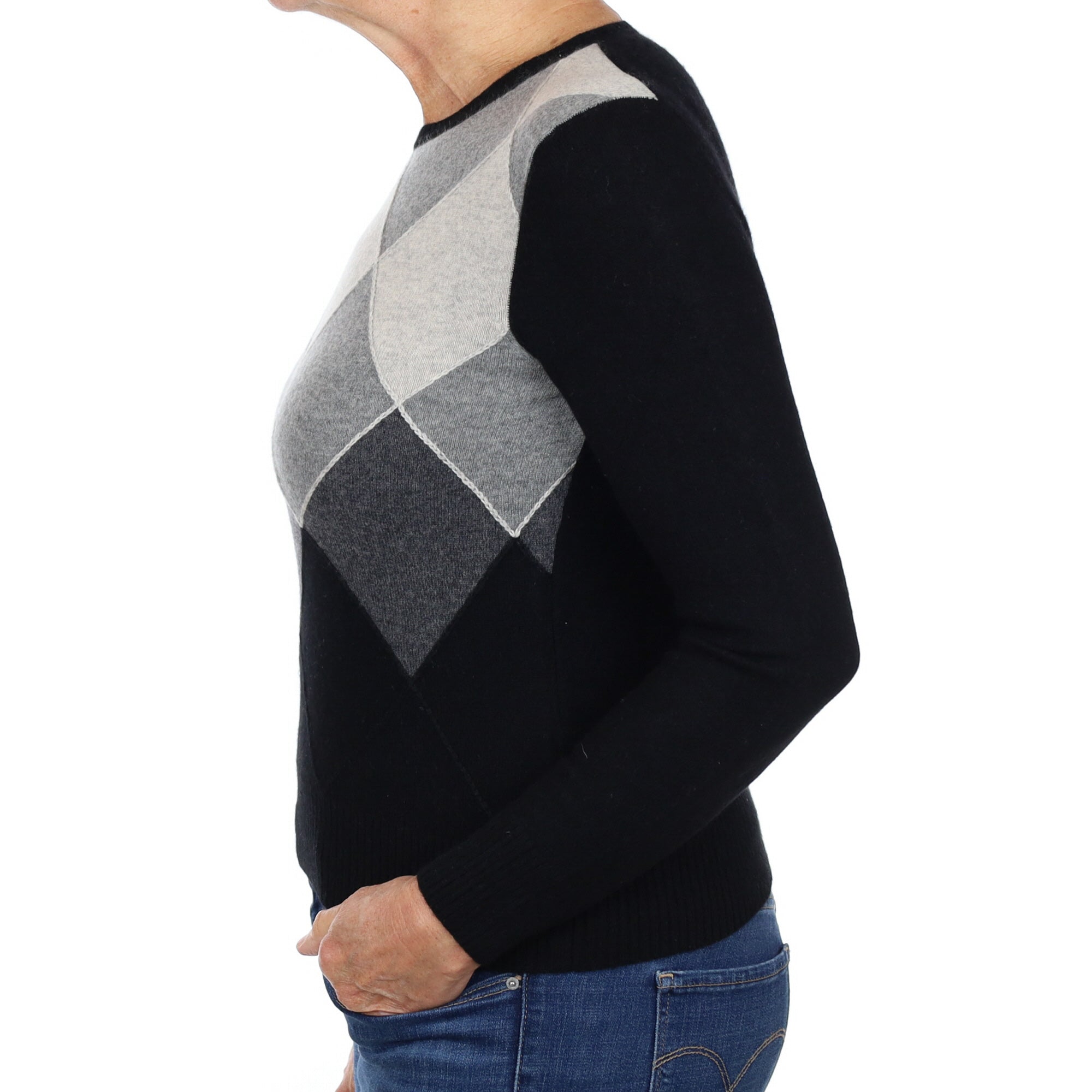 Black and Grey Diamond Patterned Cashmere Crew Neck Jumper Medium