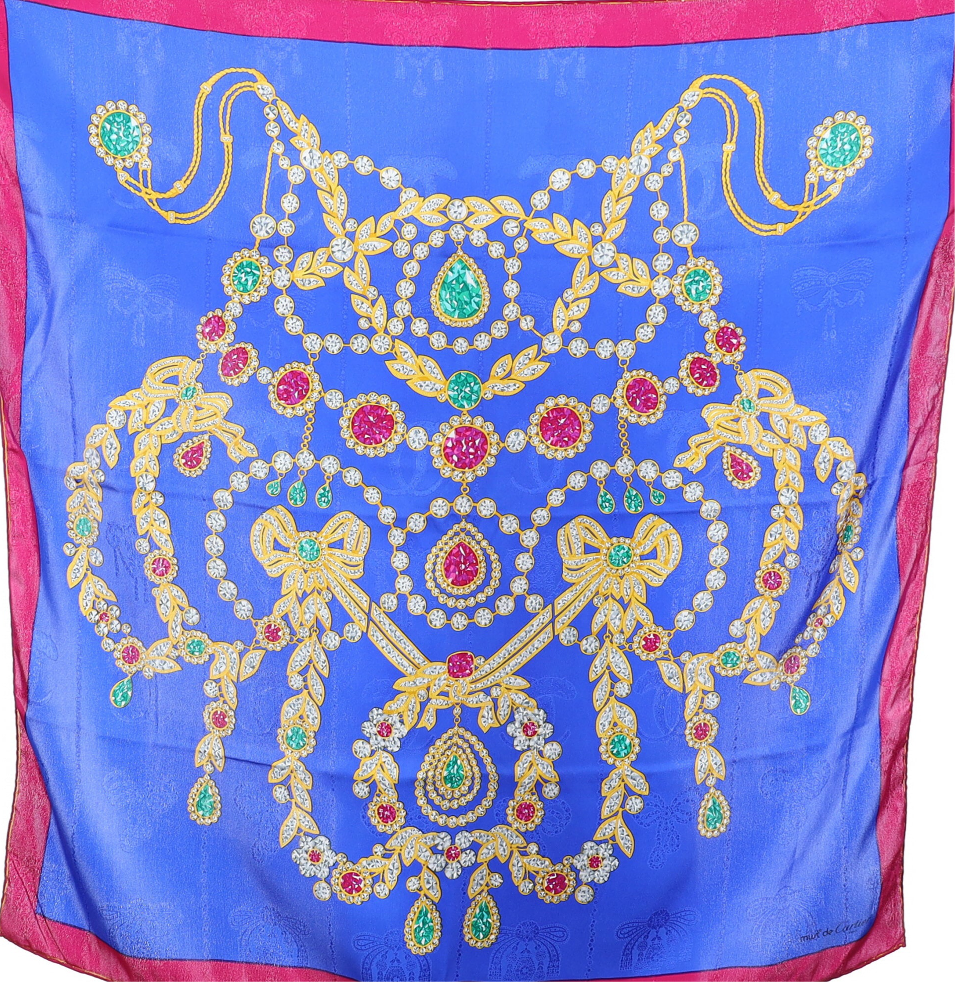 Boxed Cartier Blue Jewel Design Silk Scarf