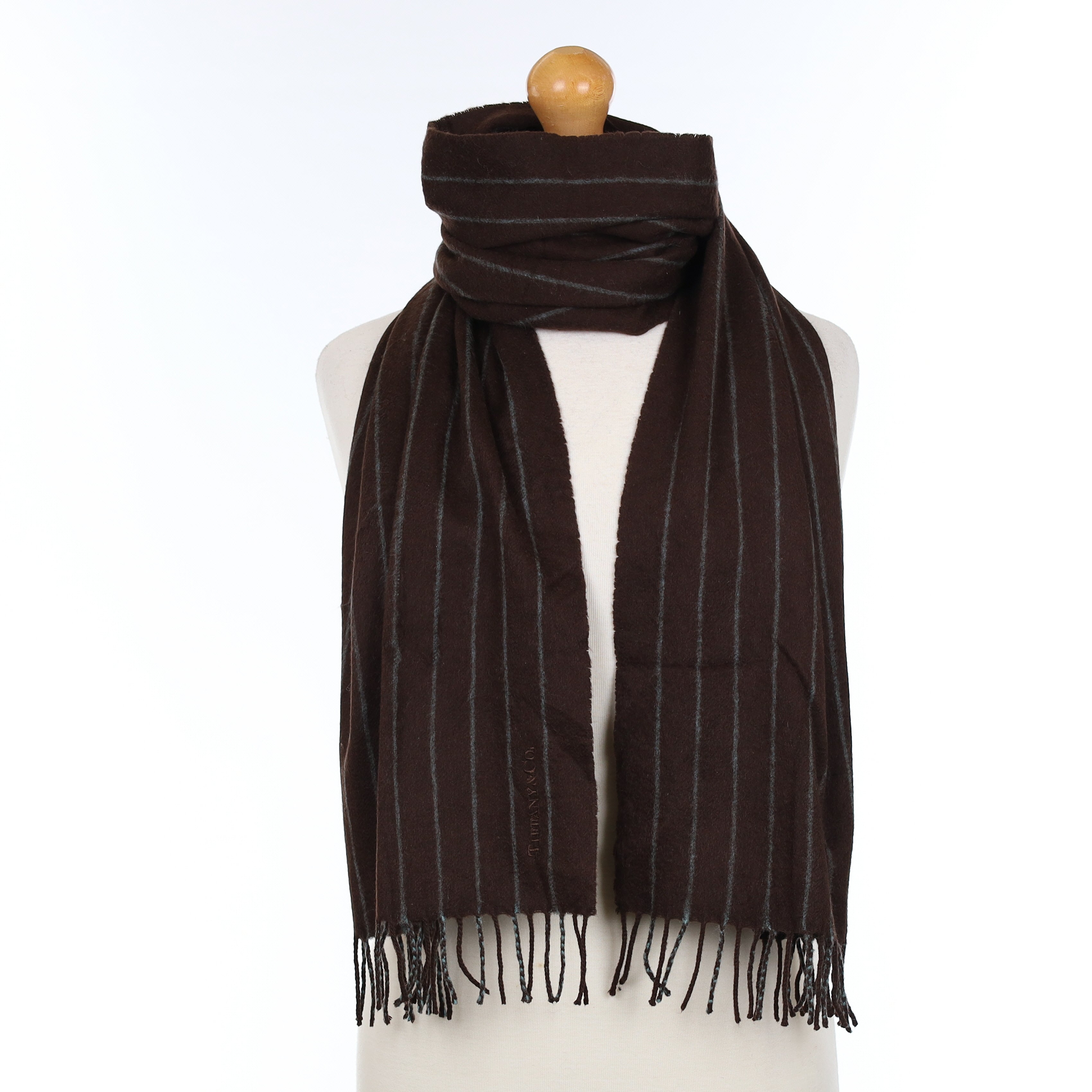 Tiffany & Co Chocolate and Duck Egg Pinstriped Cashmere Woven Scarf