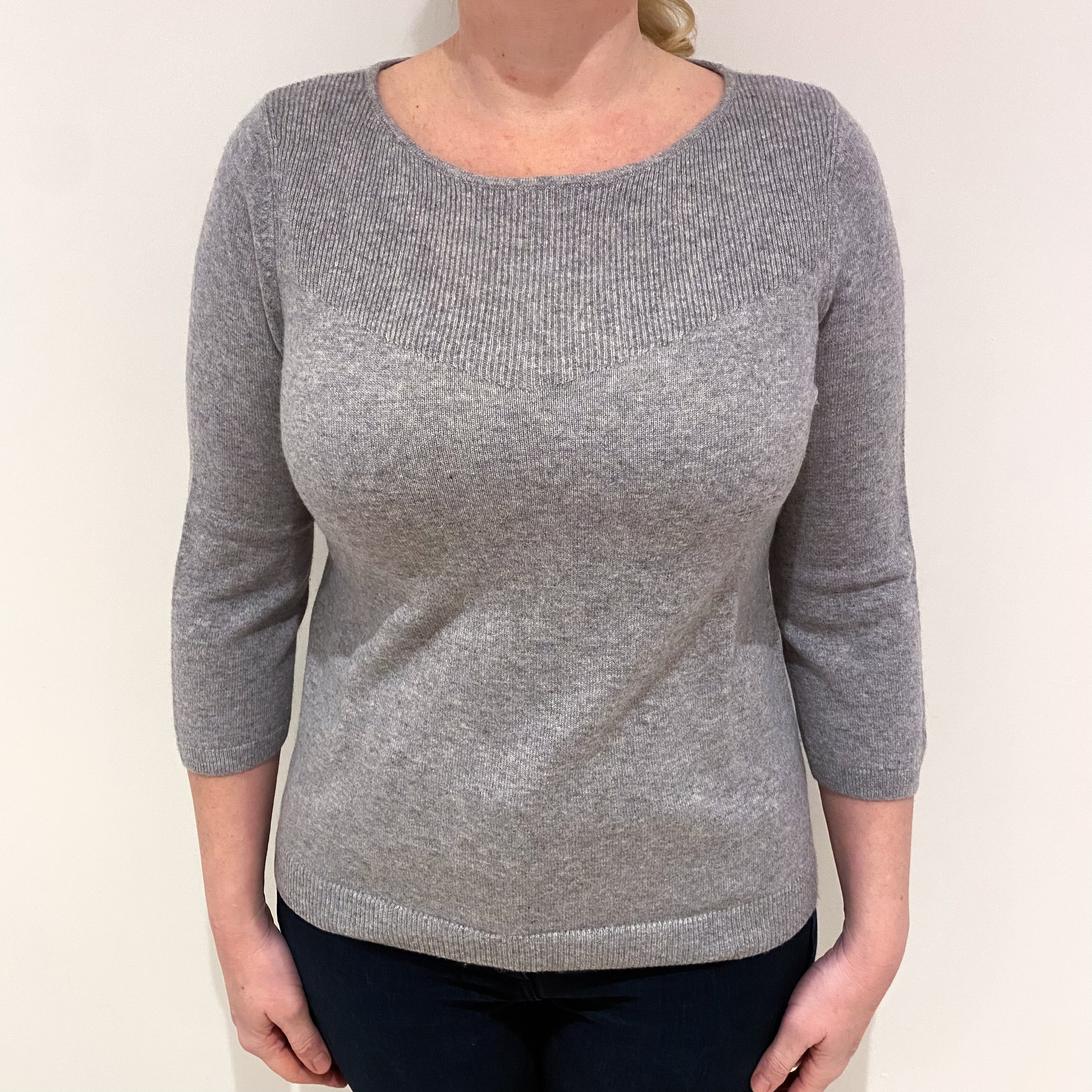 Smoke Grey 3/4 Sleeve Cashmere Crew Neck Jumper Large