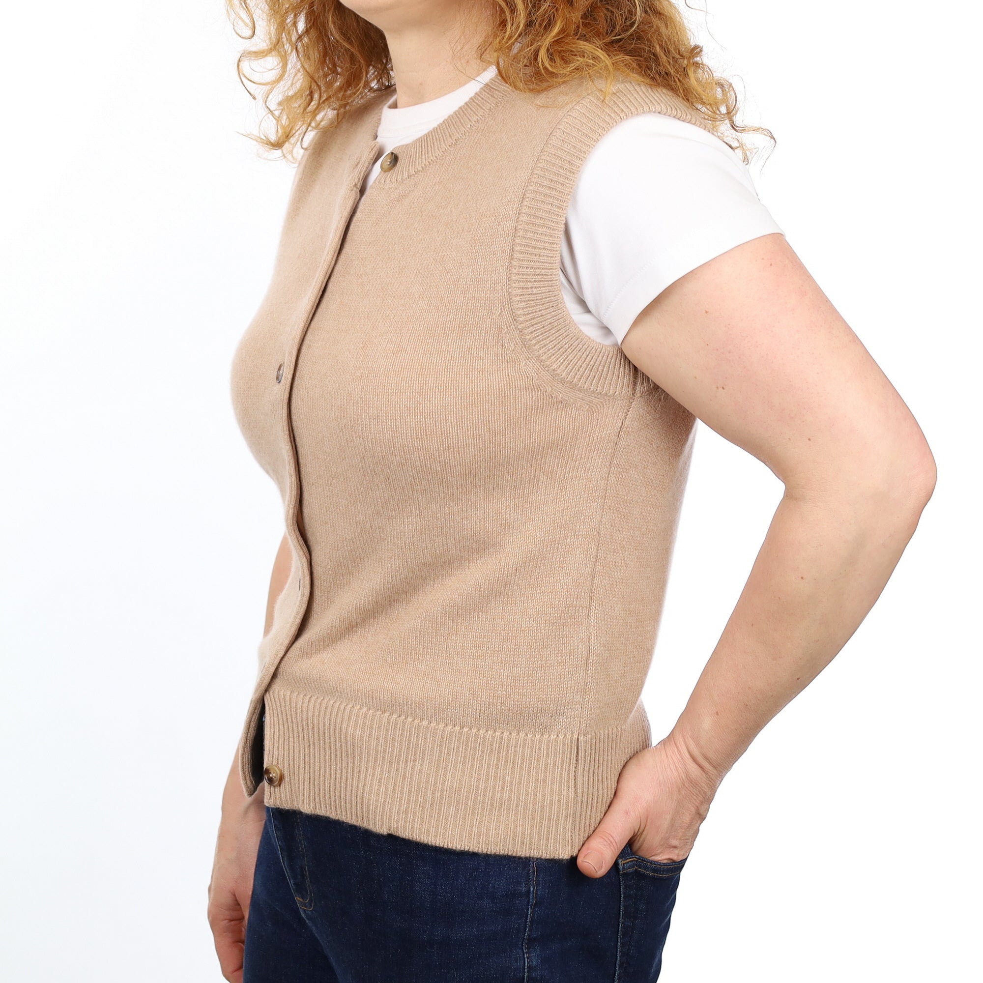 Brand New Caramel Luxury Cashmere Crew Neck Waistcoat Medium UK 12-14