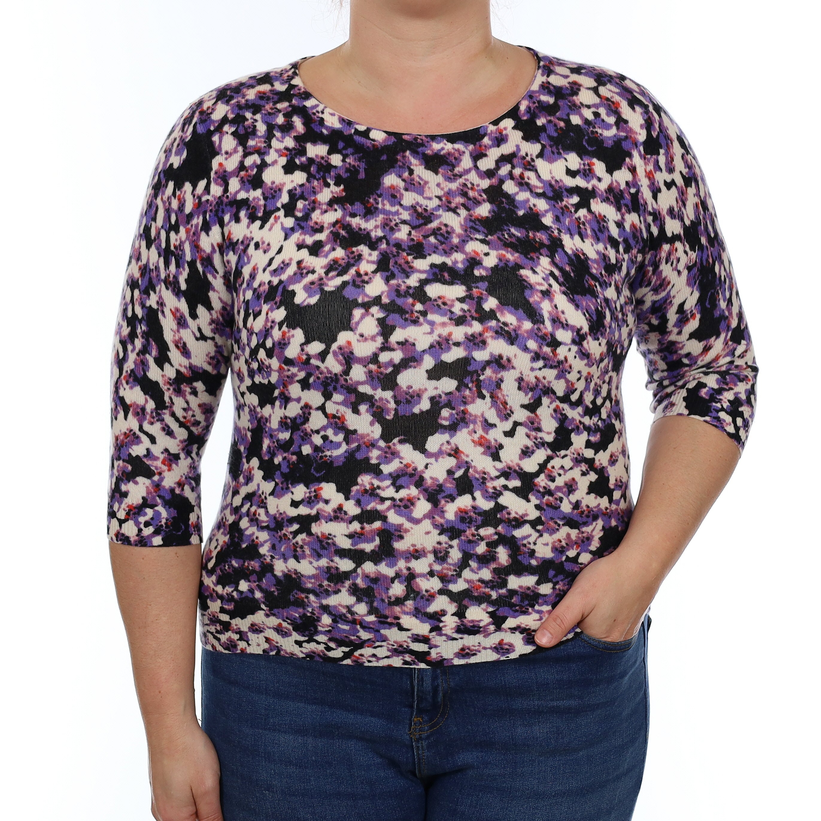 Purple Abstract Floral Cashmere Crew Neck Jumper Large