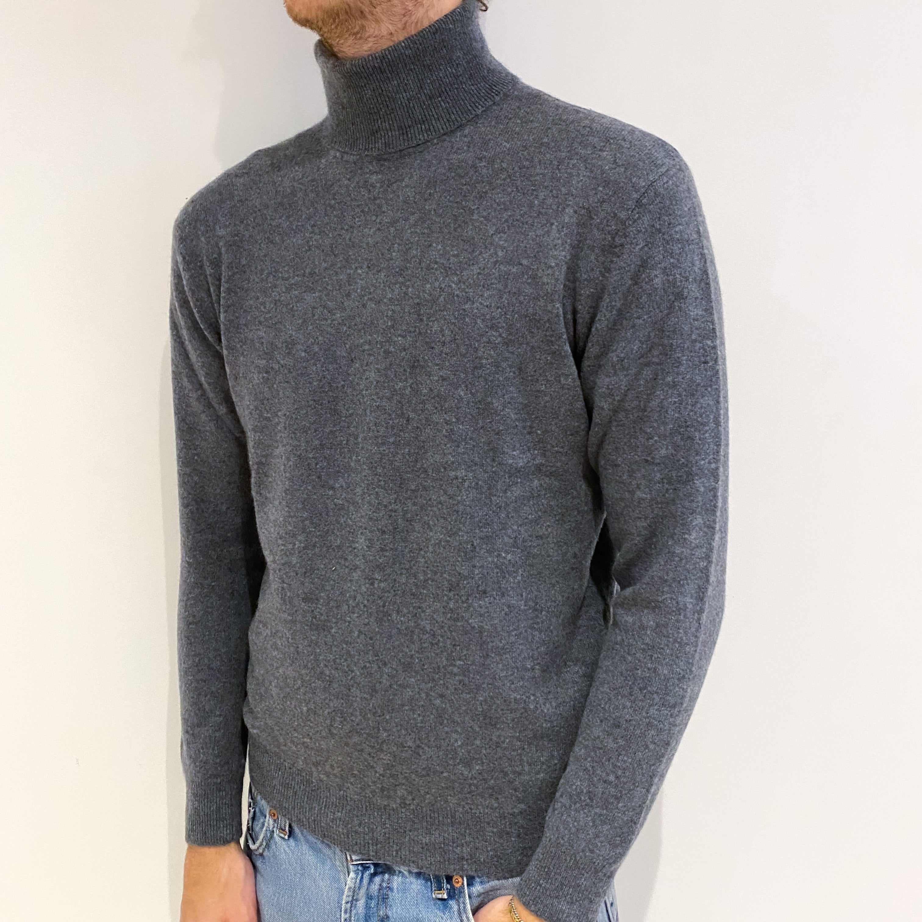 Men's Yorn Slate Grey Cashmere Polo Neck Jumper Medium