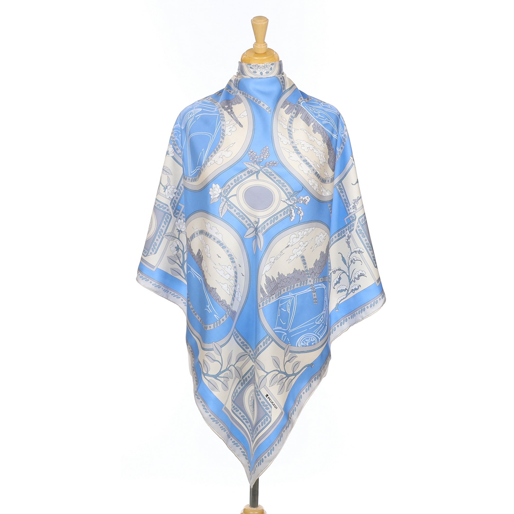 Peugeot Blue and Cream Patterned Vintage Silk Scarf