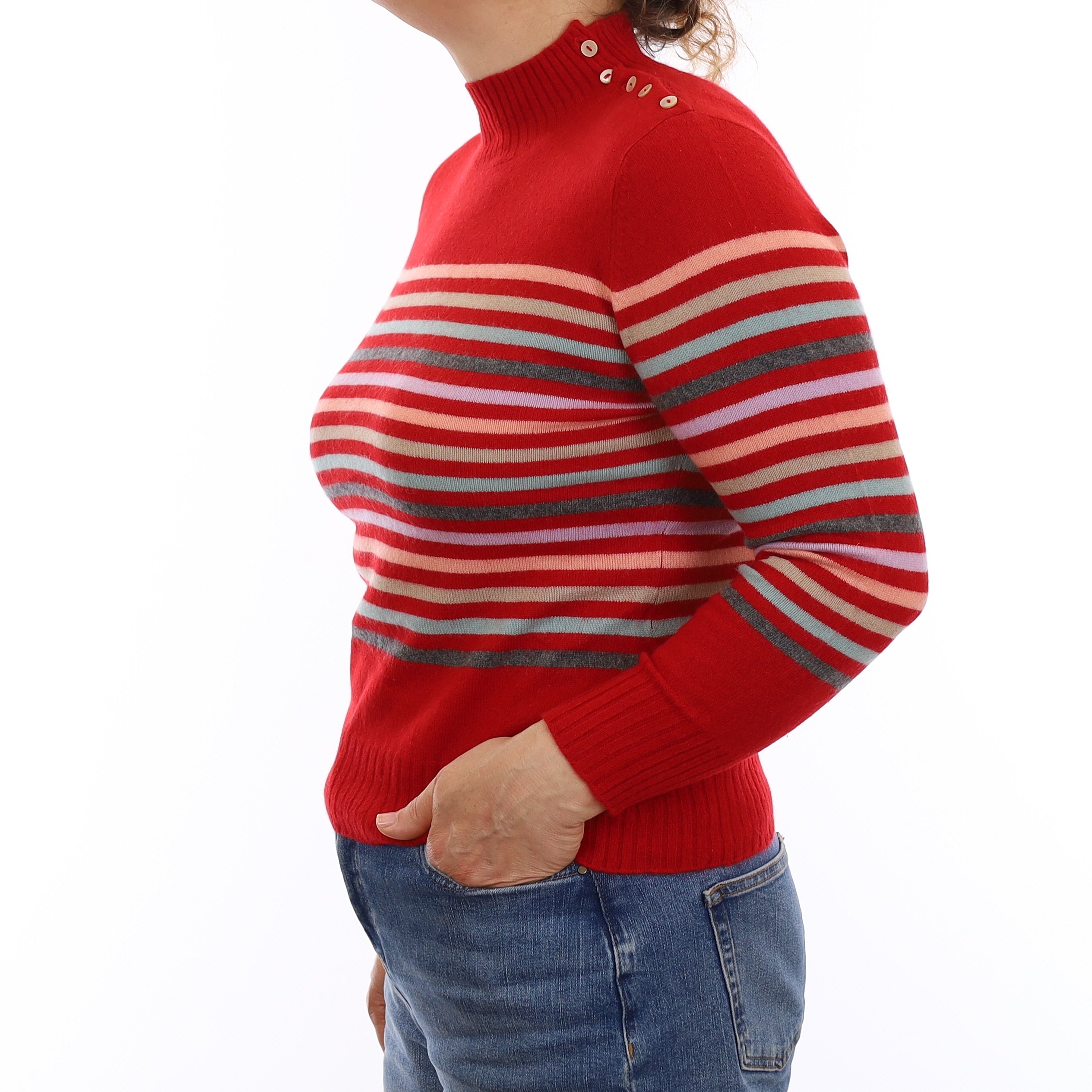 Scarlet Red Striped Cashmere Turtle Neck Jumper Medium