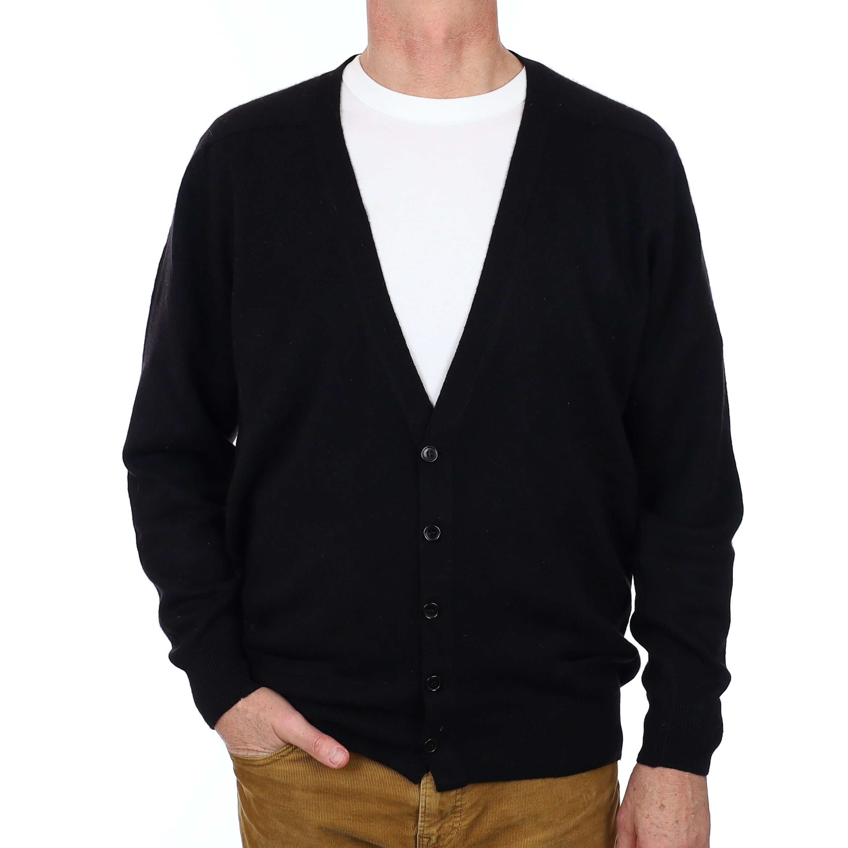 Men’s Vintage Pringle Black Cashmere V Neck Cardigan with Pockets Extra Large