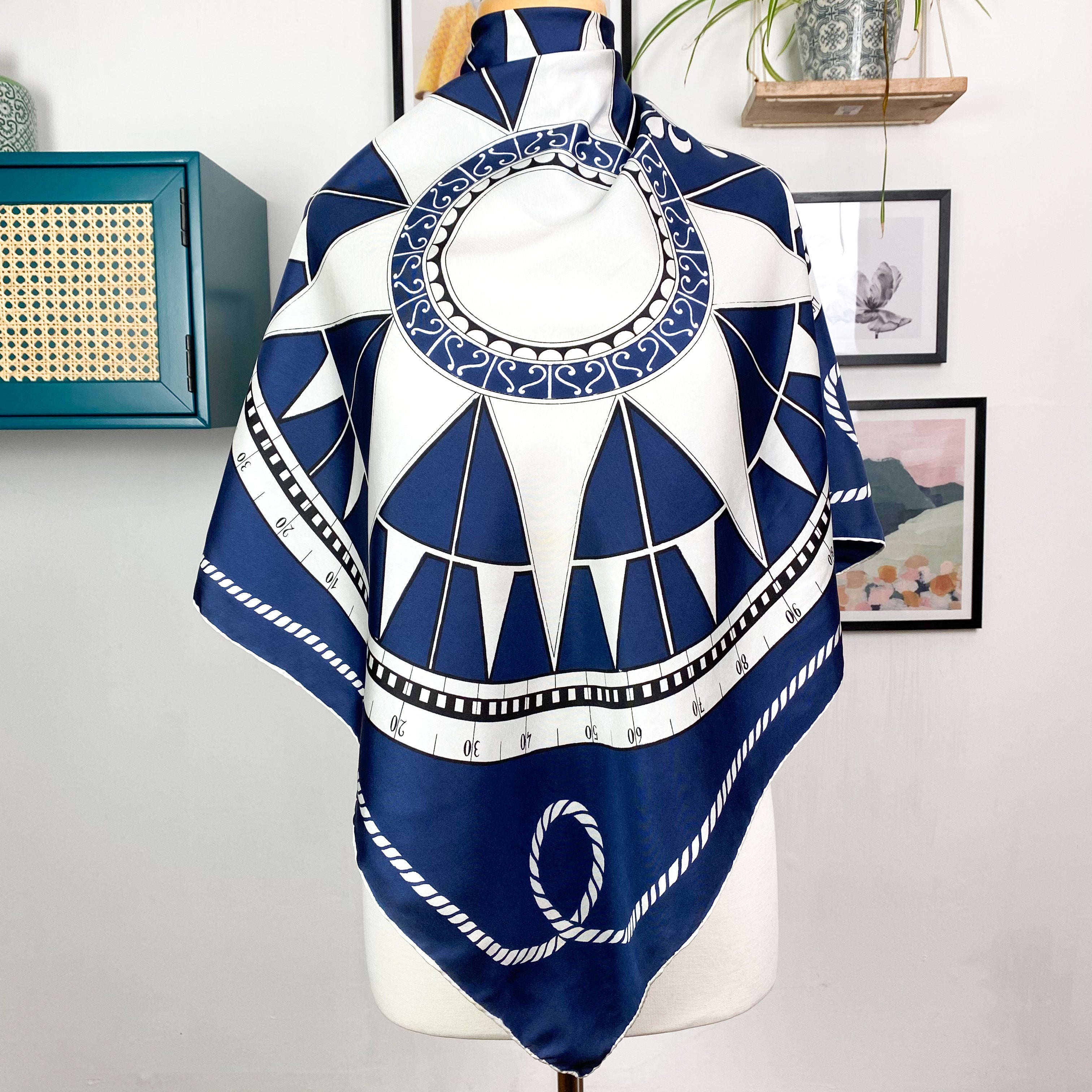 Navy and White Sundial Large Italian Vintage Silk Scarf