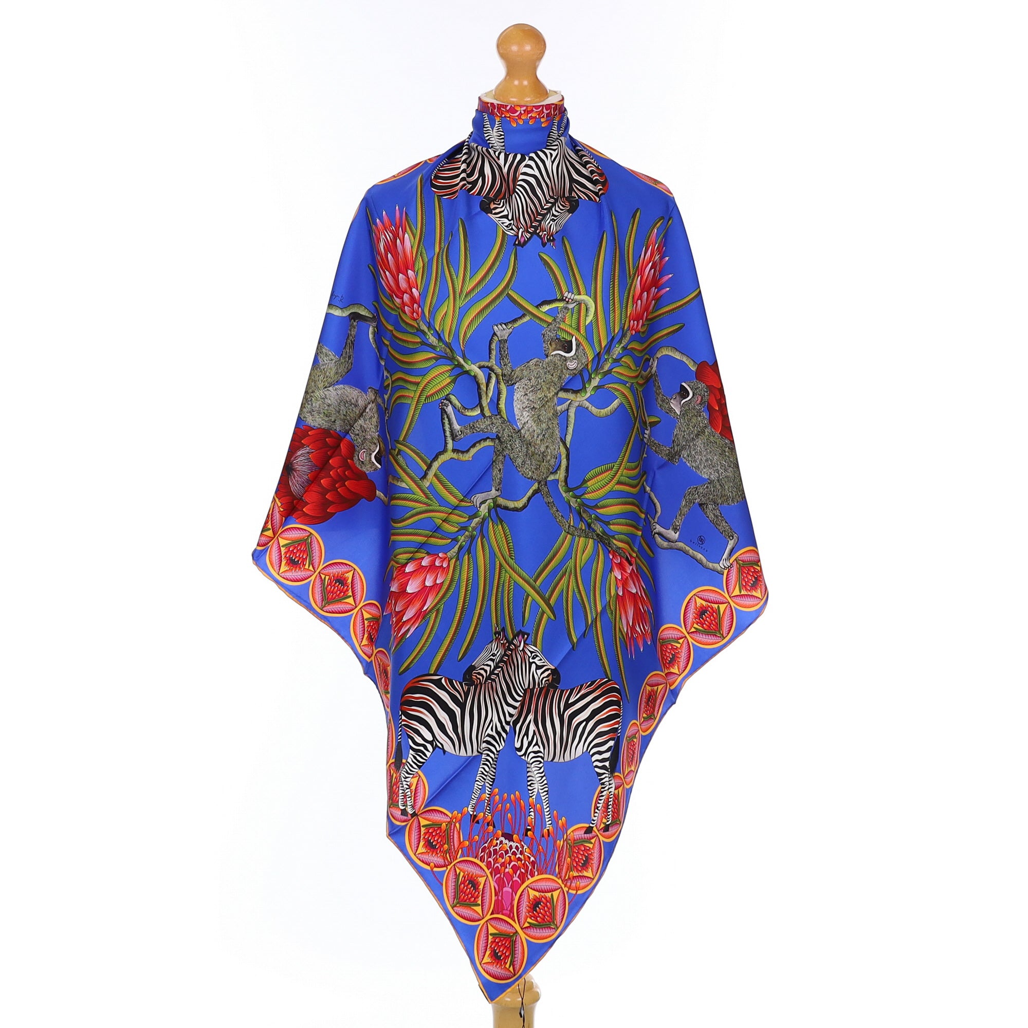 Brand New Bellezza Electric & Sky Blue Zebra Safari Double Faced Silk Scarf
