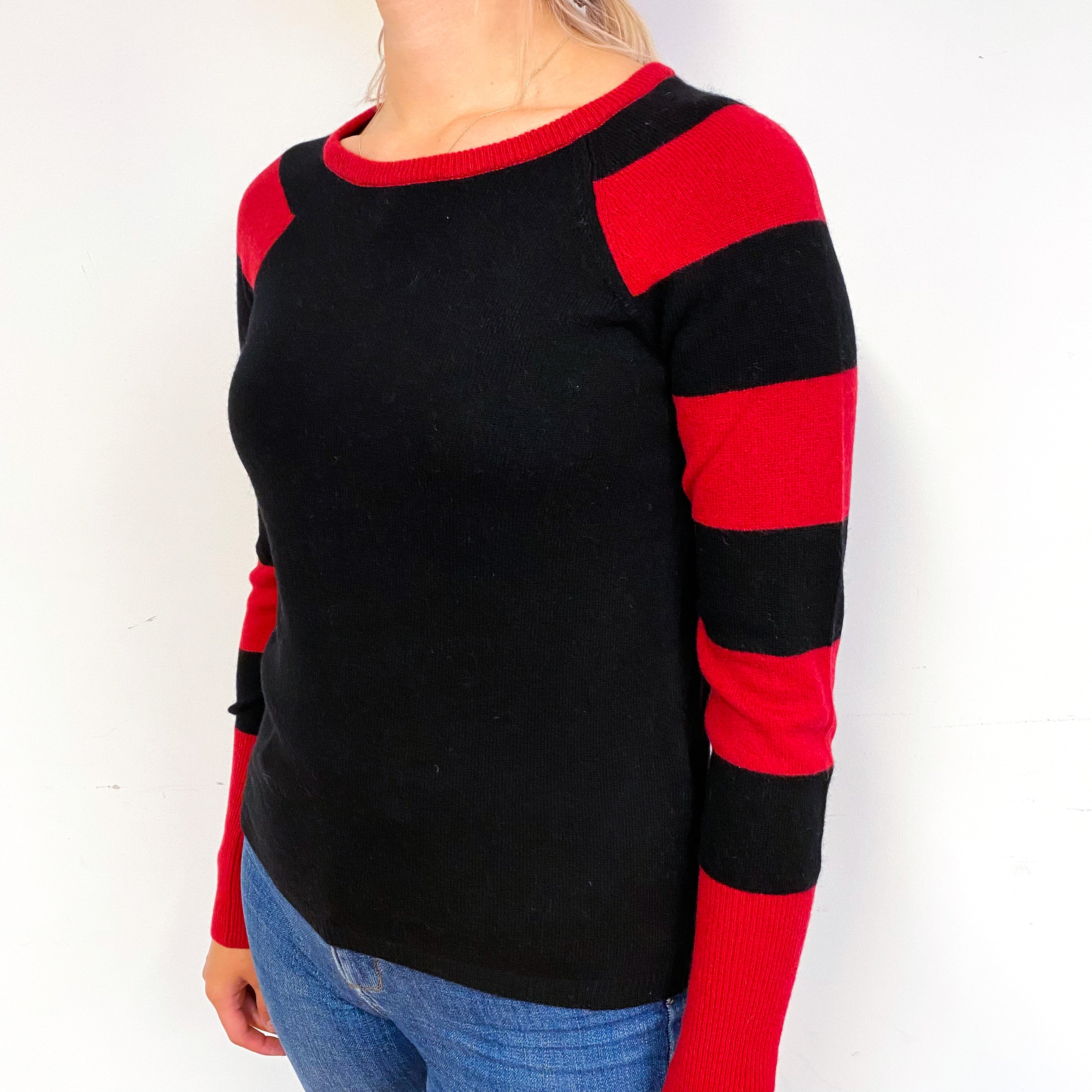 Black Red Stripe Cashmere Crew Neck Jumper Small