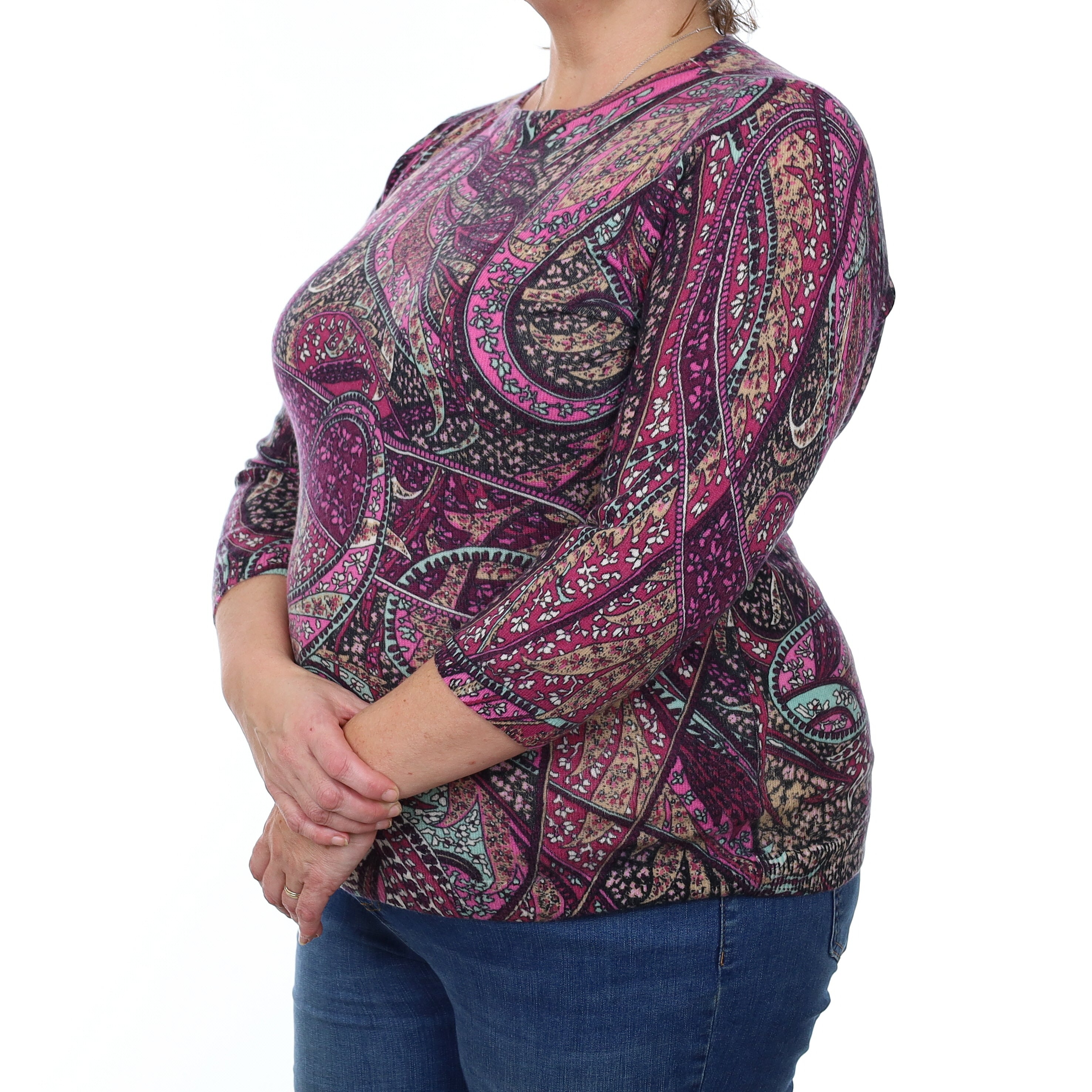 Purple Paisley Cashmere 3/4 Sleeve Crew Neck Jumper Extra Large
