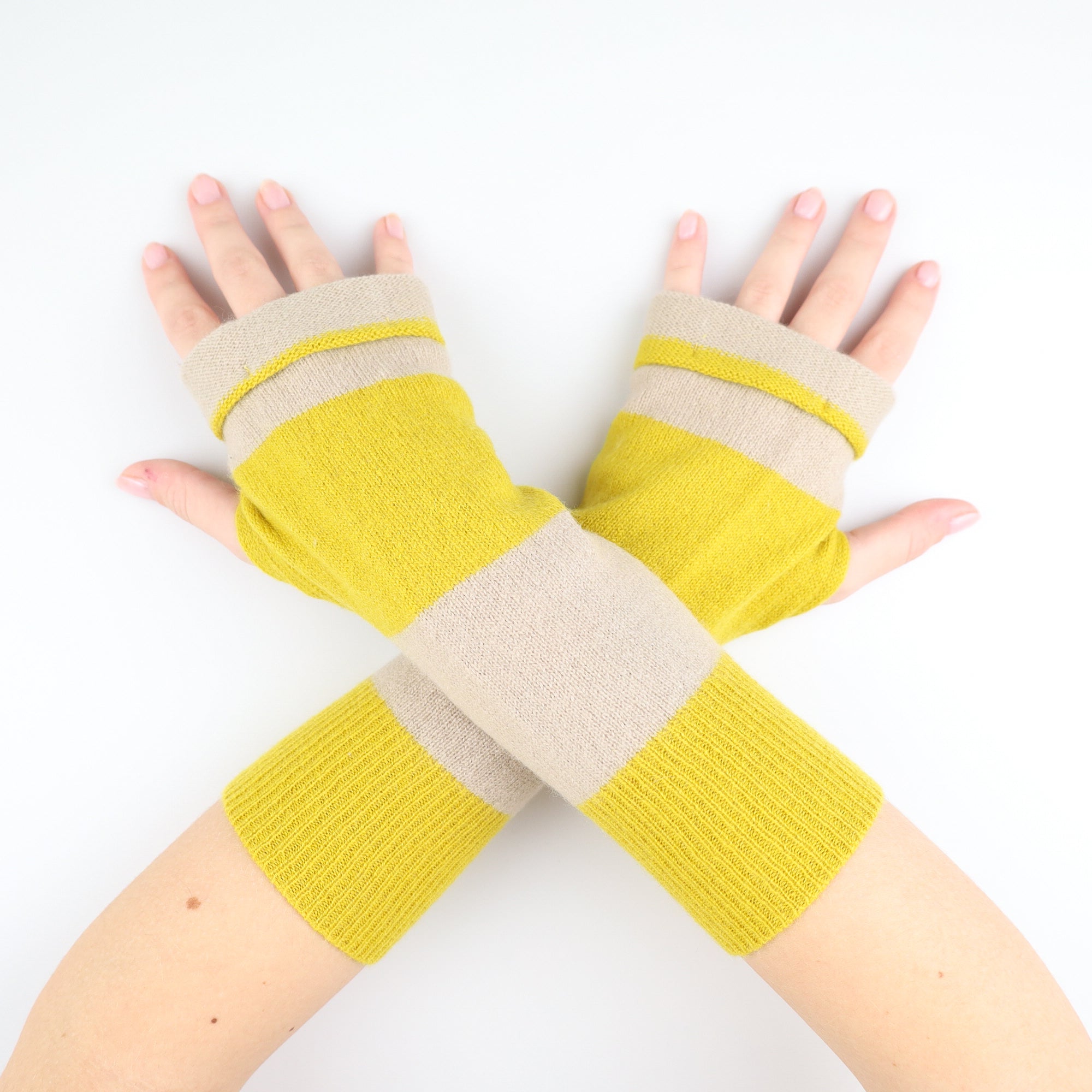 Yellow and Beige Striped Fingerless Gloves