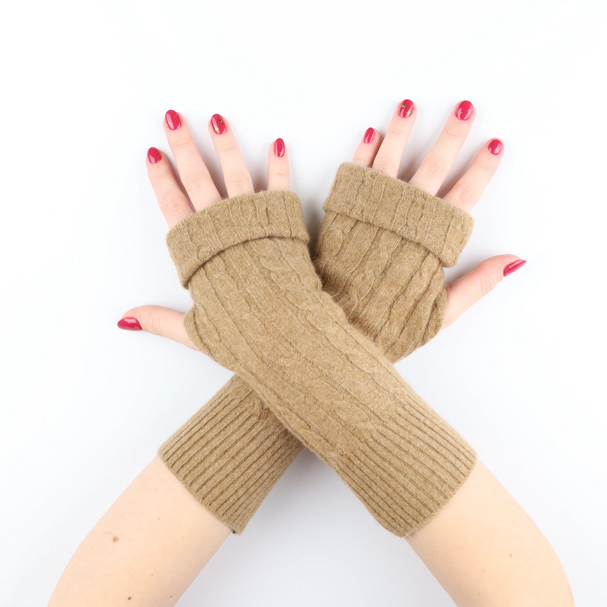 Toffee Brown Cable Fingerless Gloves