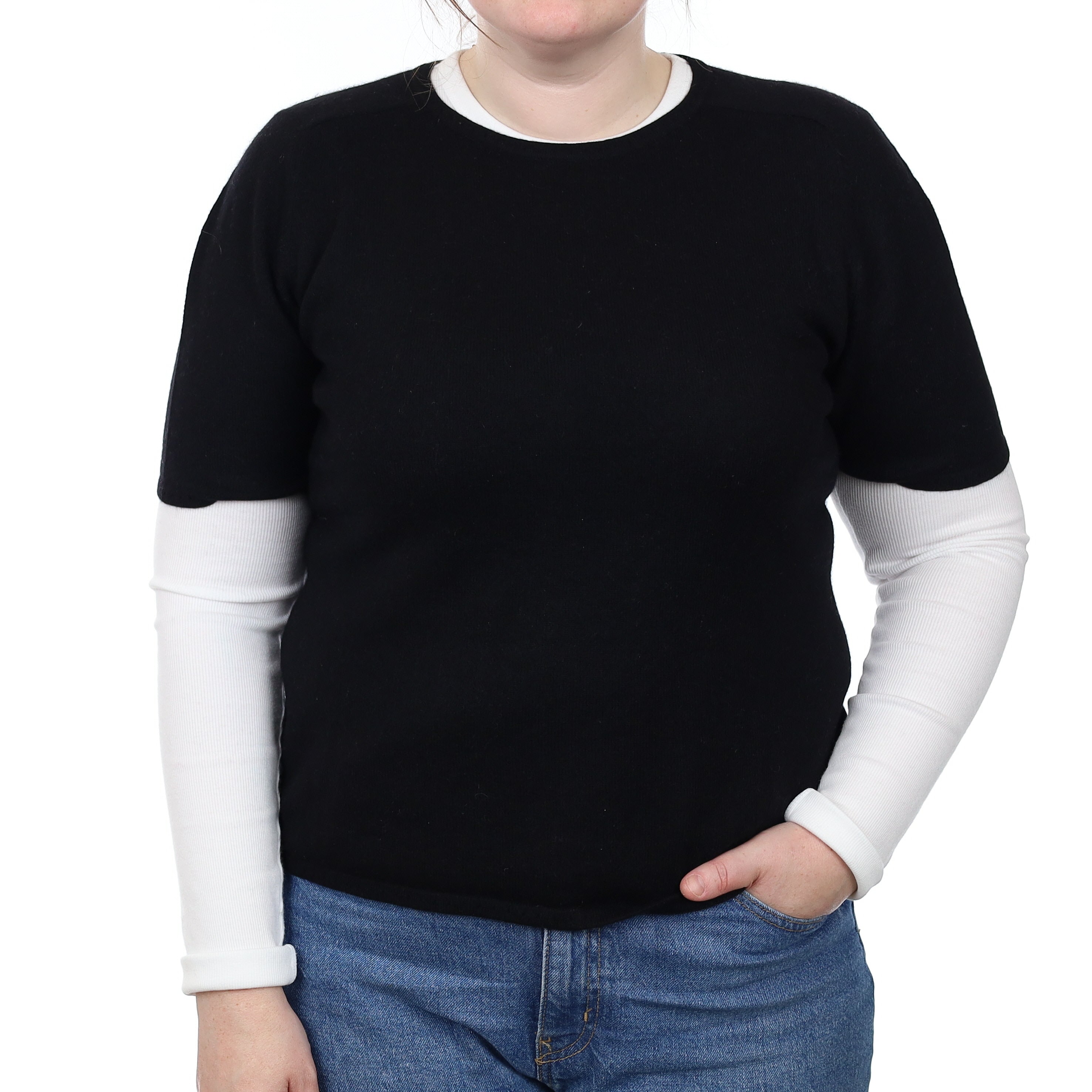 Black Cashmere Short Sleeved Crew Neck Jumper Large