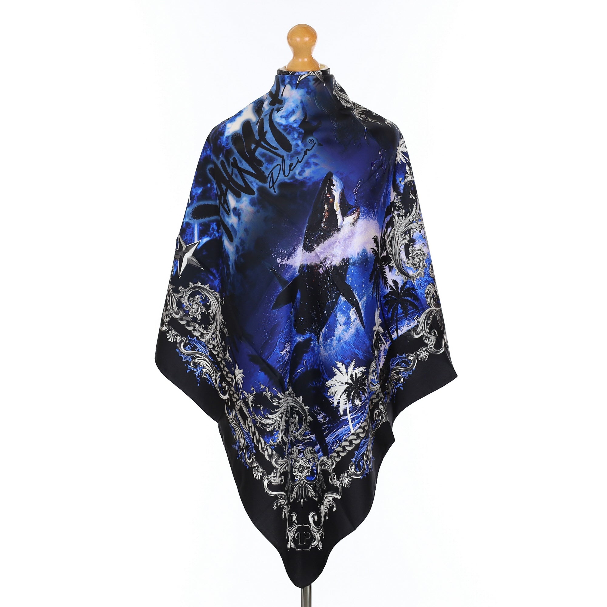 Brand New Philipp Plein Black and Blue Shark Silk Scarf