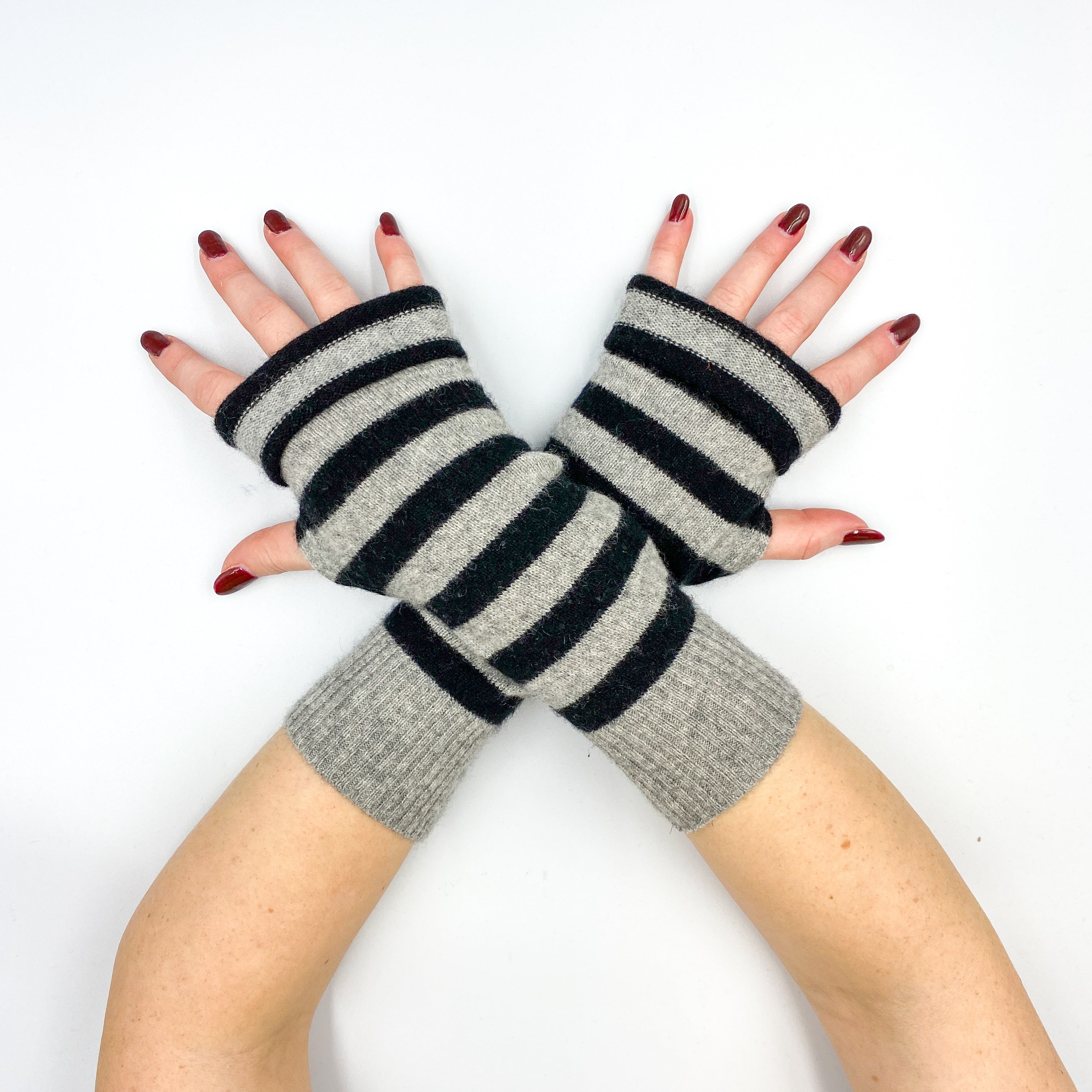 Black and Grey Striped Fingerless Gloves