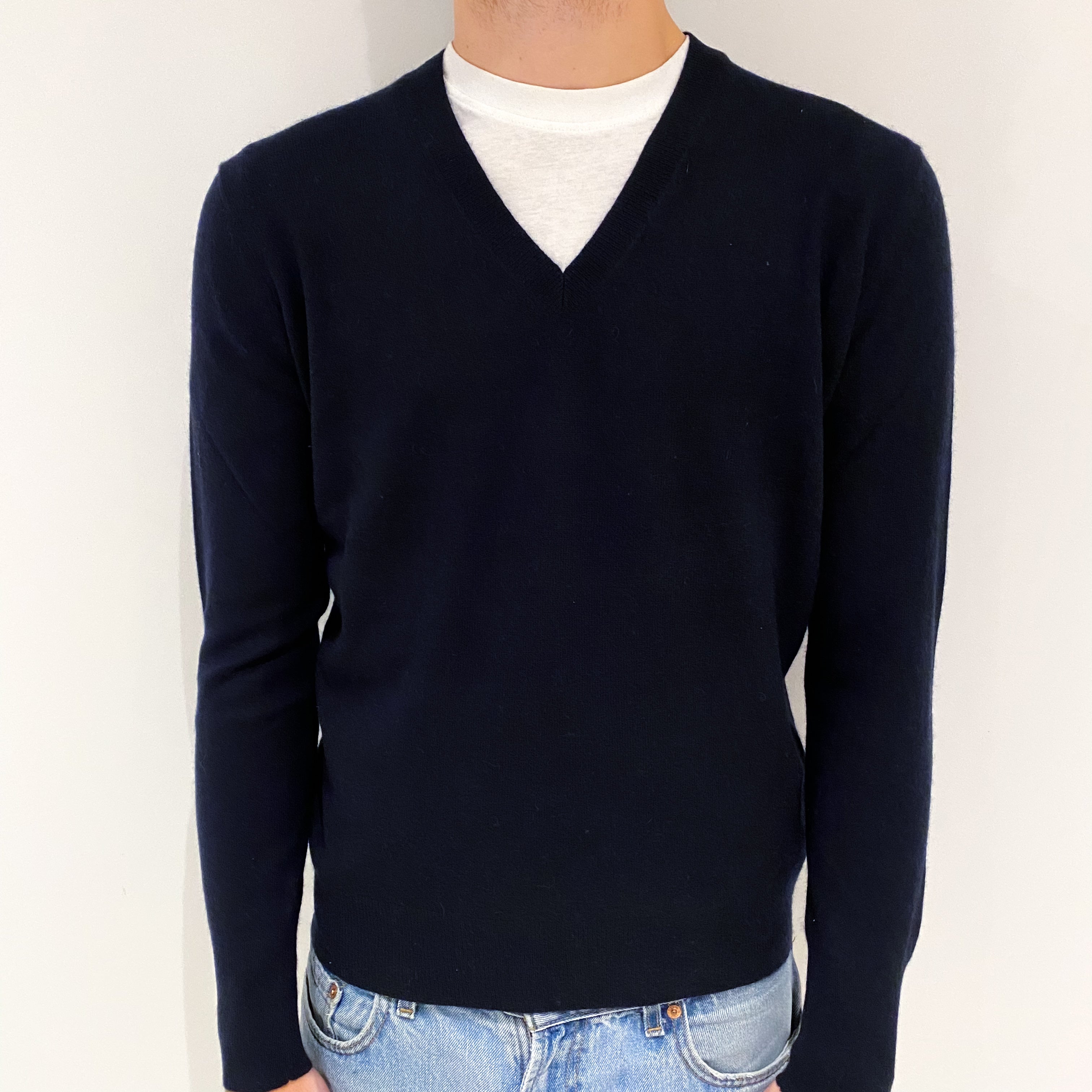 Men's Navy Blue Cashmere V-Neck Jumper Large