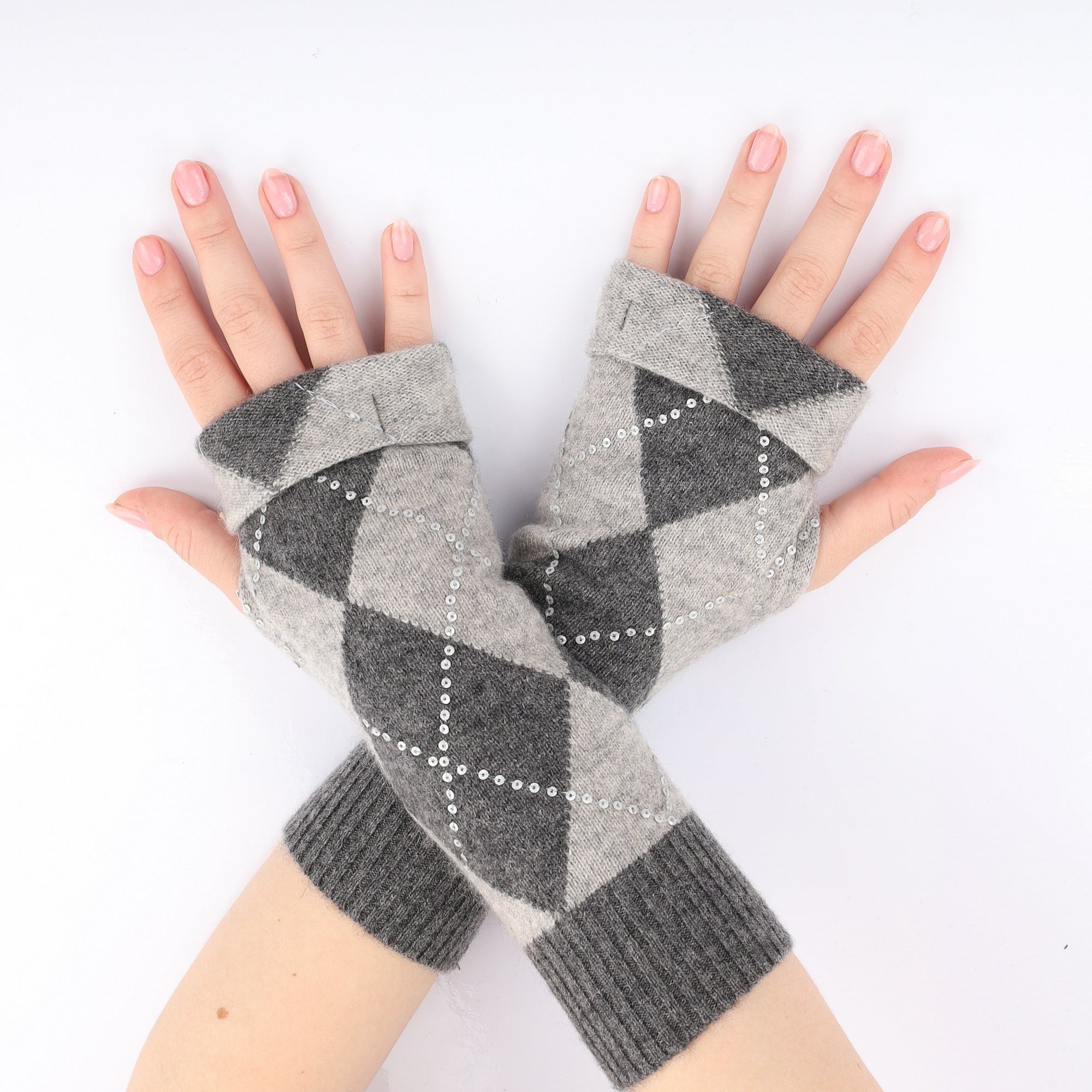 Grey Diamond Sequin Embellished Fingerless Gloves