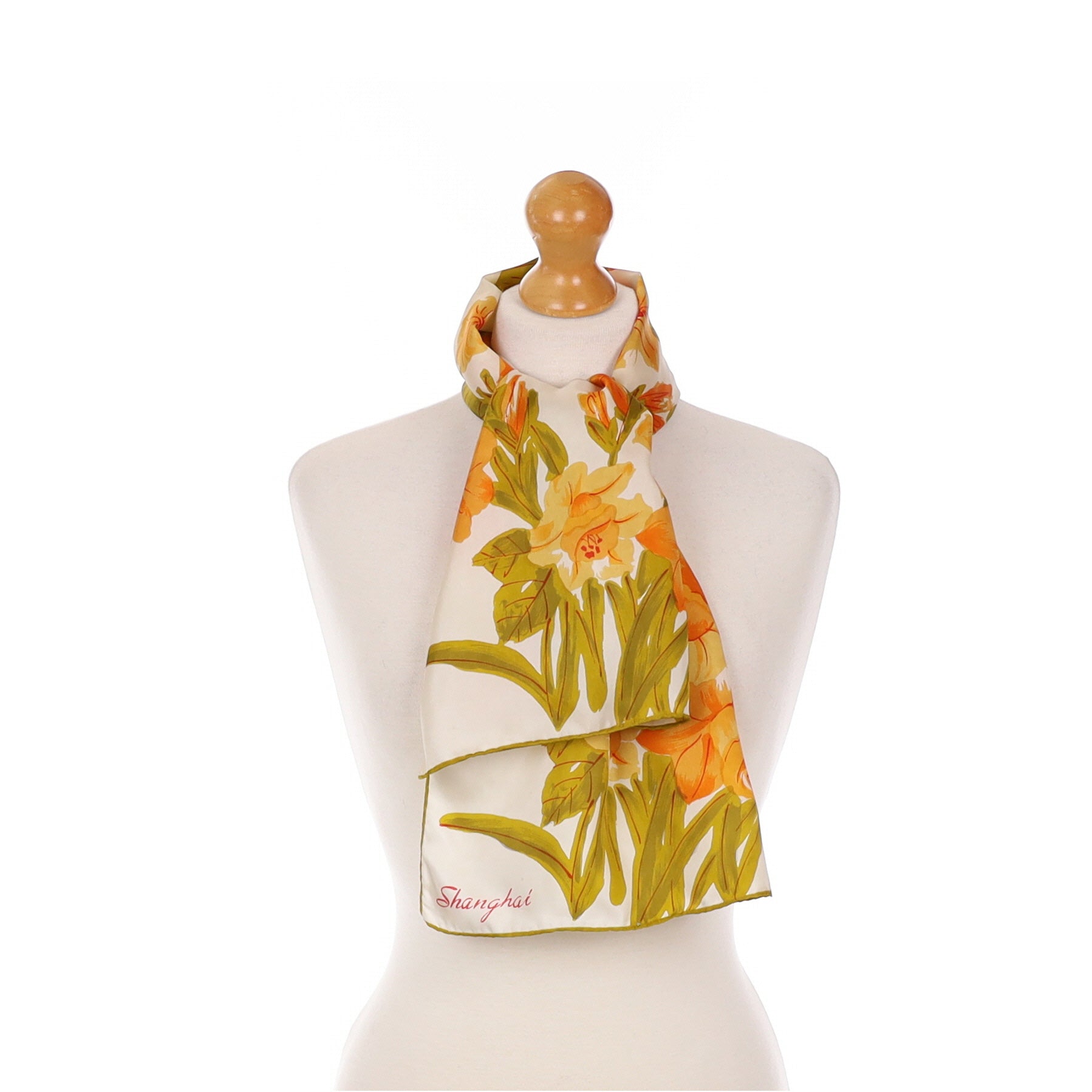 Shanghai Floral Orange and Green Vintage Silk Scarf