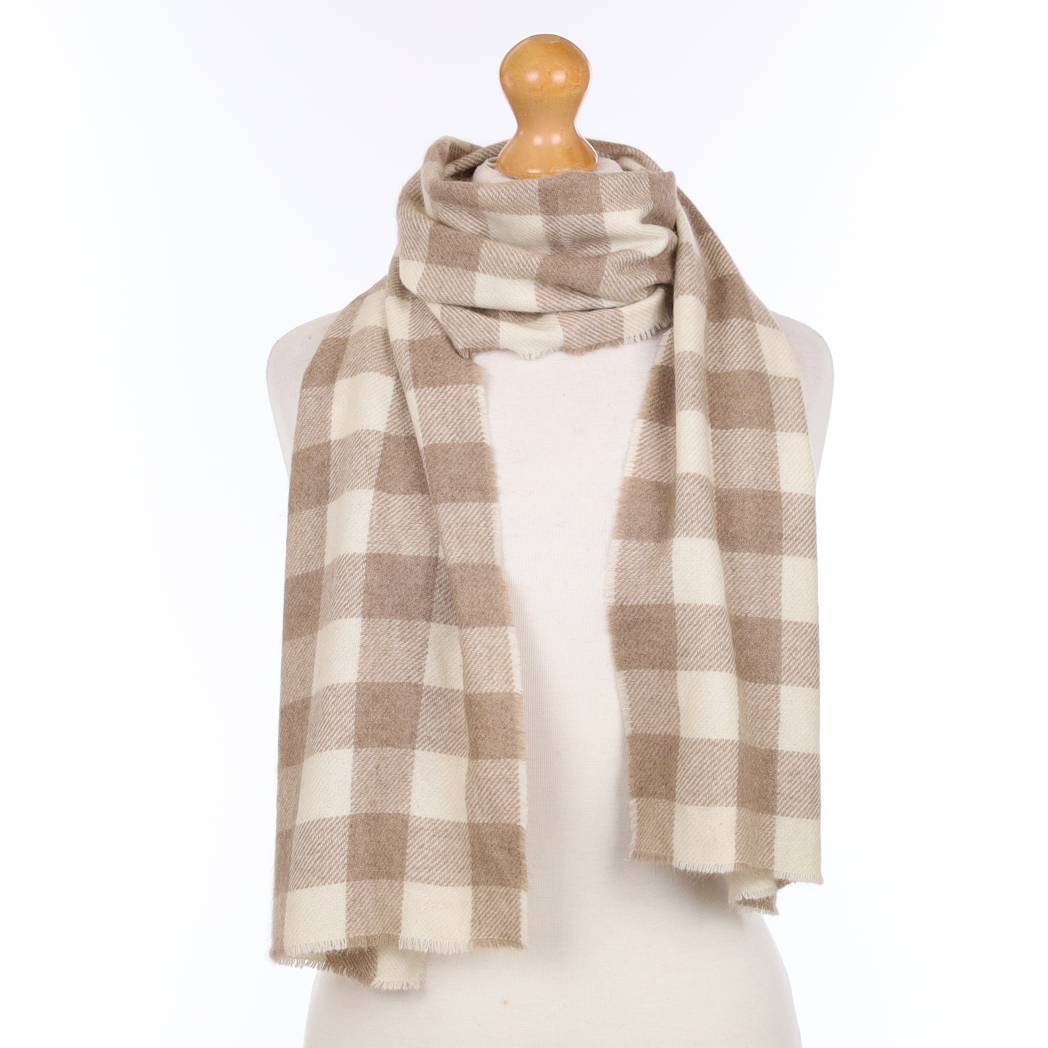 Mink and Ivory Chequered Cashmere Woven Scarf