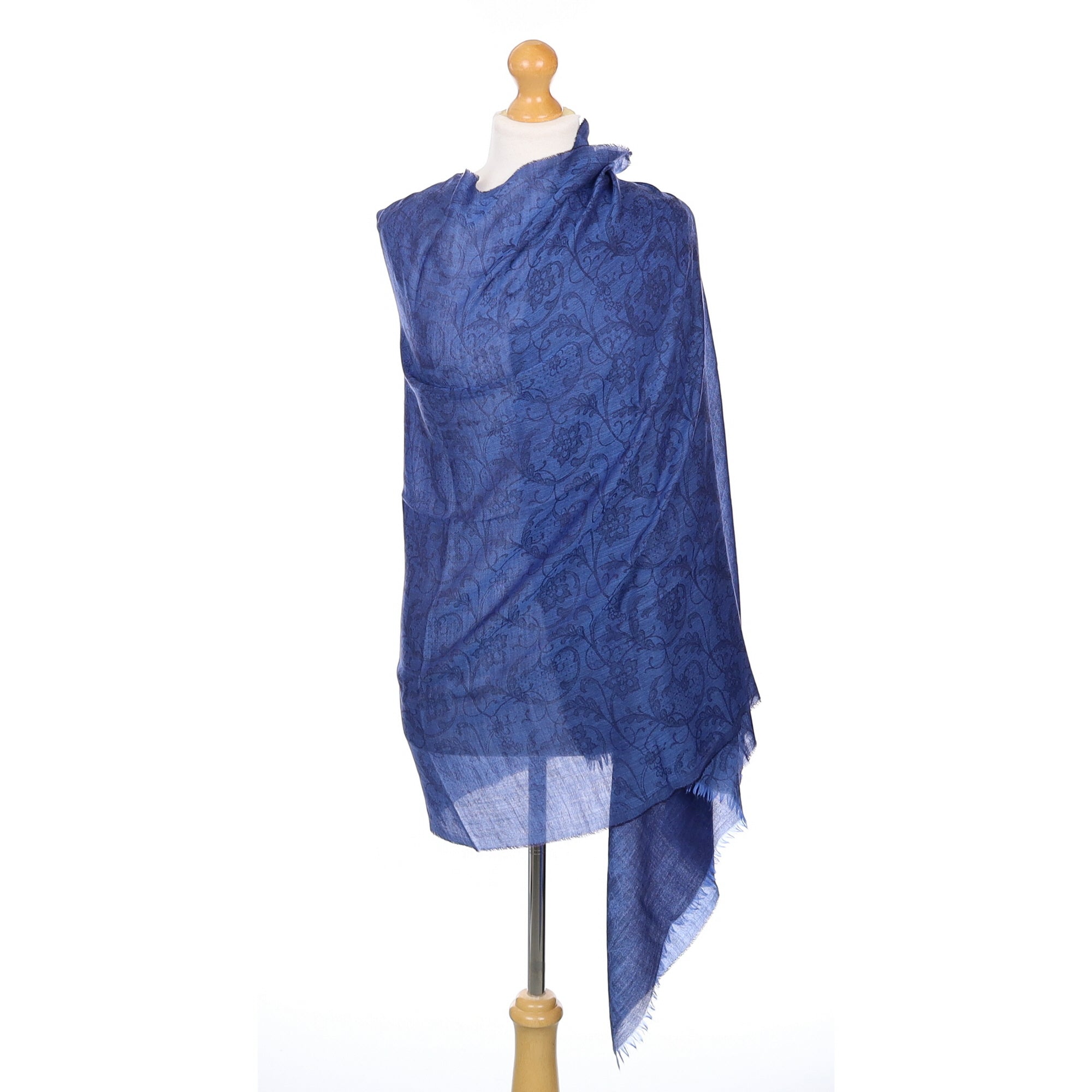 Scottish Begg & Co Blue Floral Fine Woven Cashmere Wrap