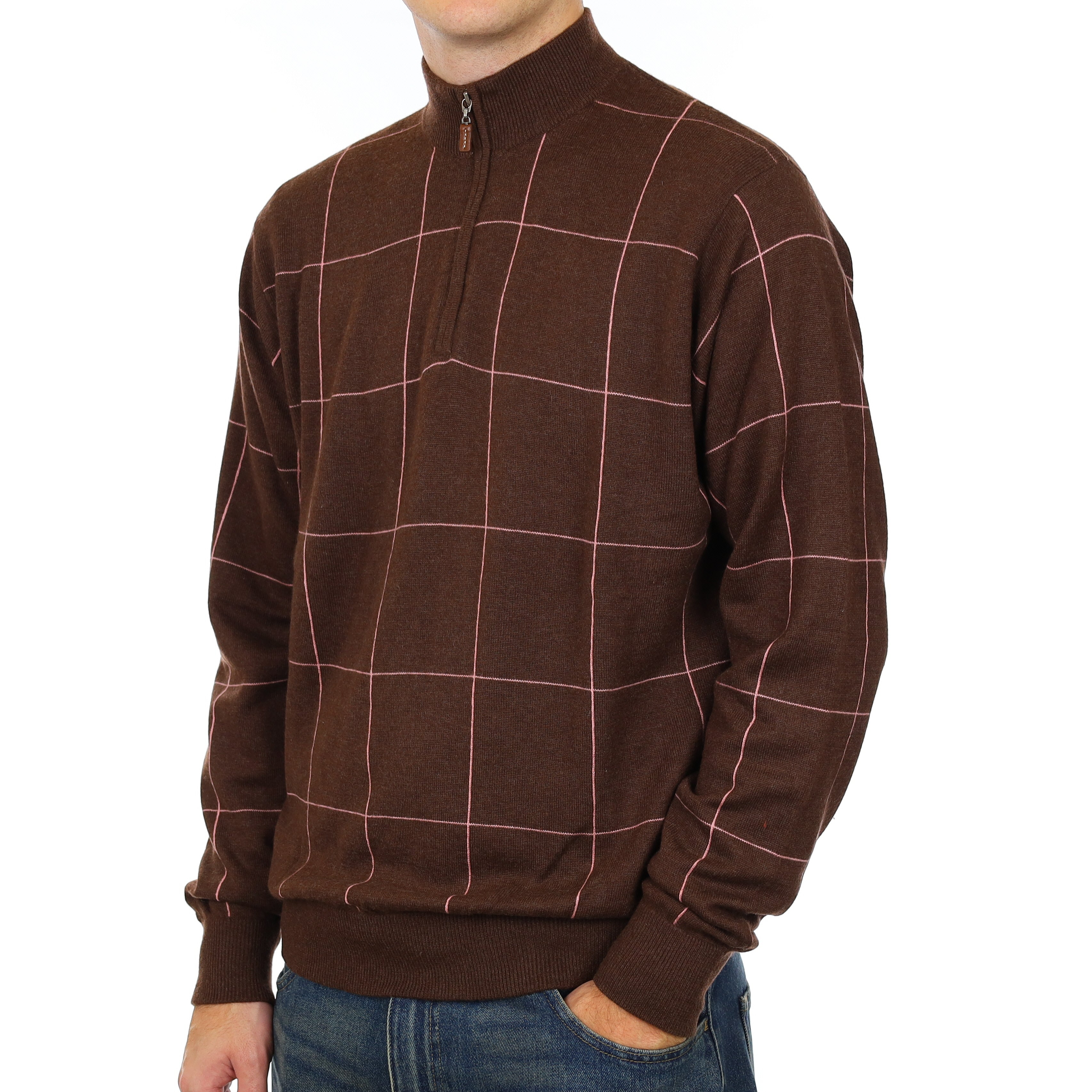 Men’s Chocolate and Pink Checked Cashmere 1/4 Zip Jumper Large