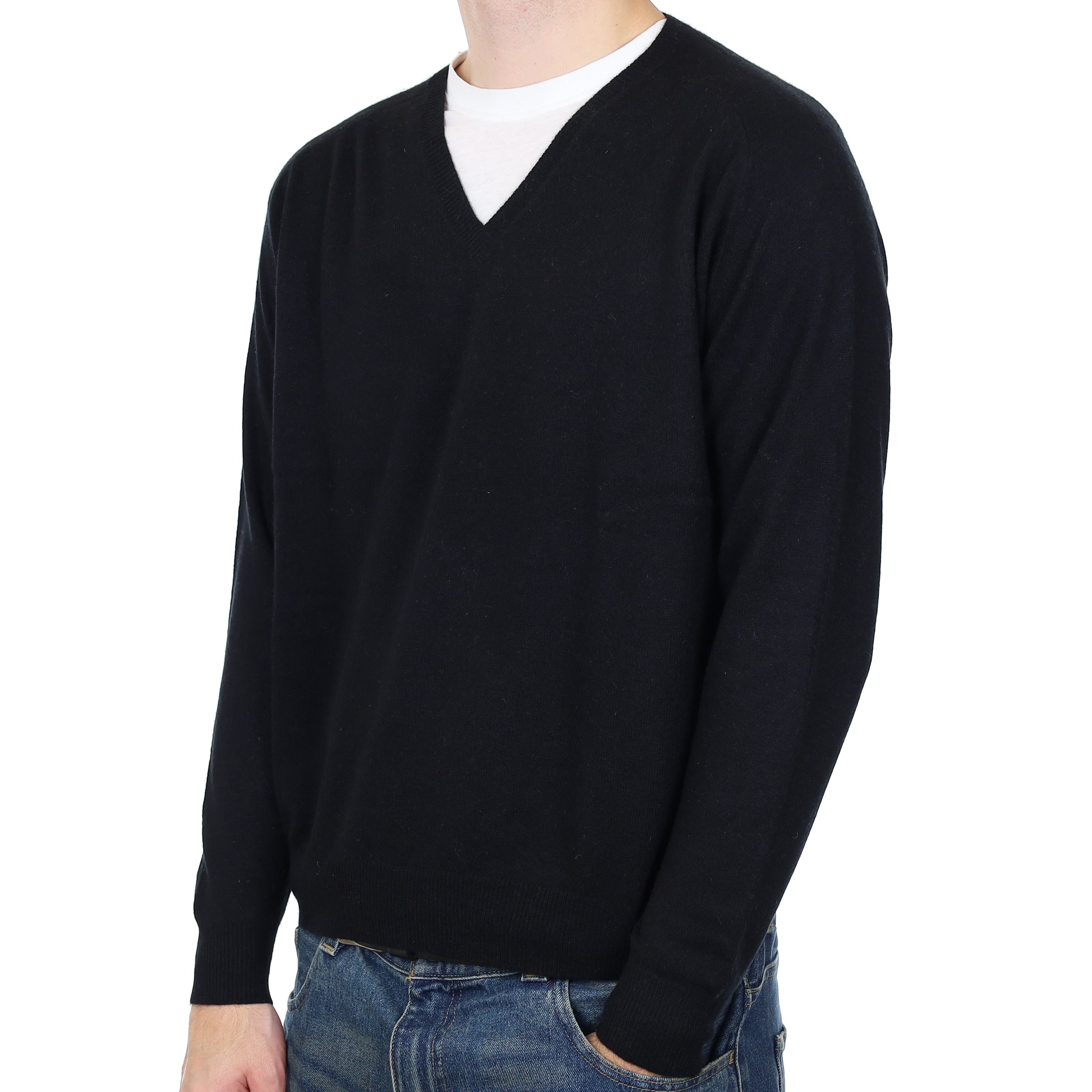Men’s Black Cashmere V Neck Jumper Large