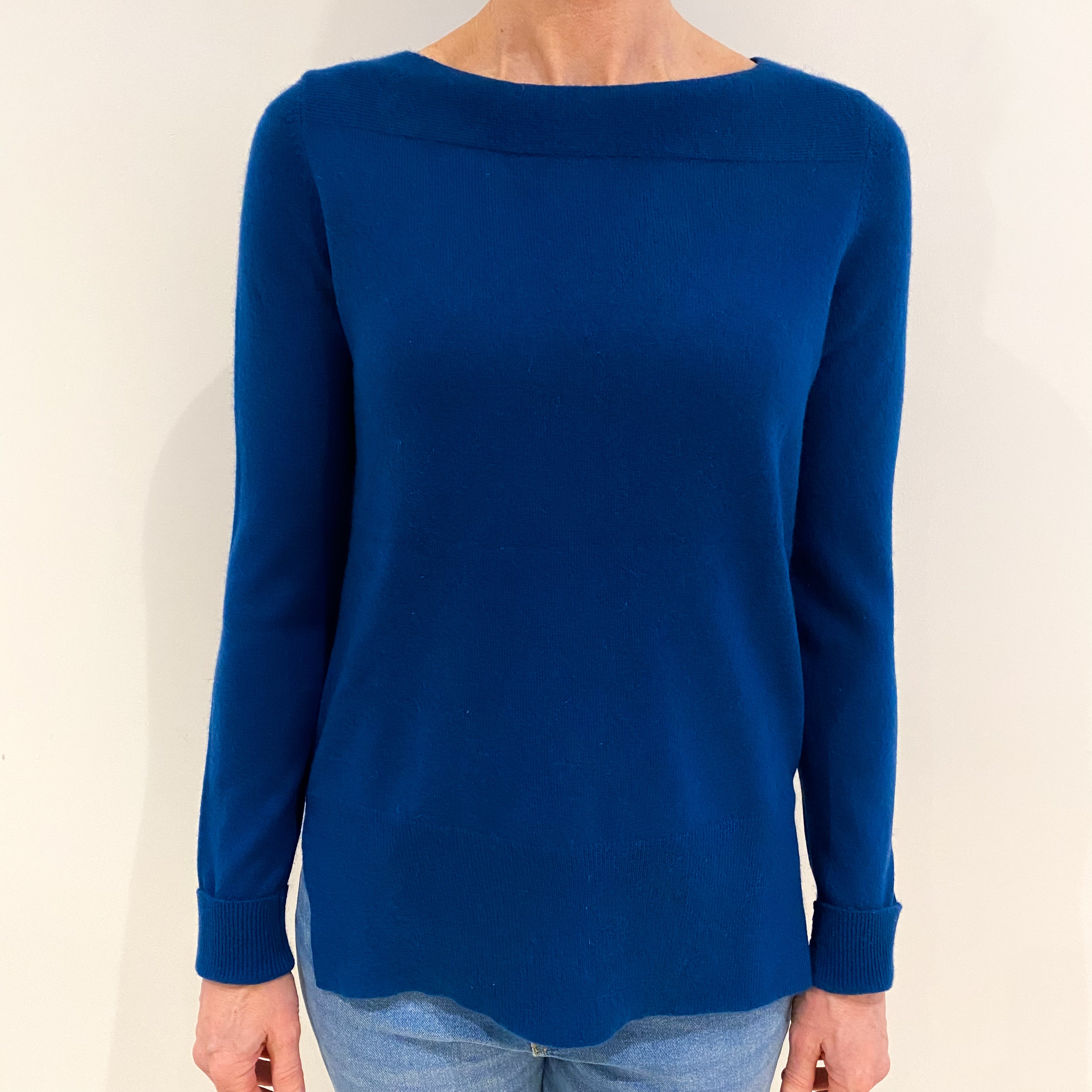 Petrol Blue Cashmere Slash Neck Jumper Small