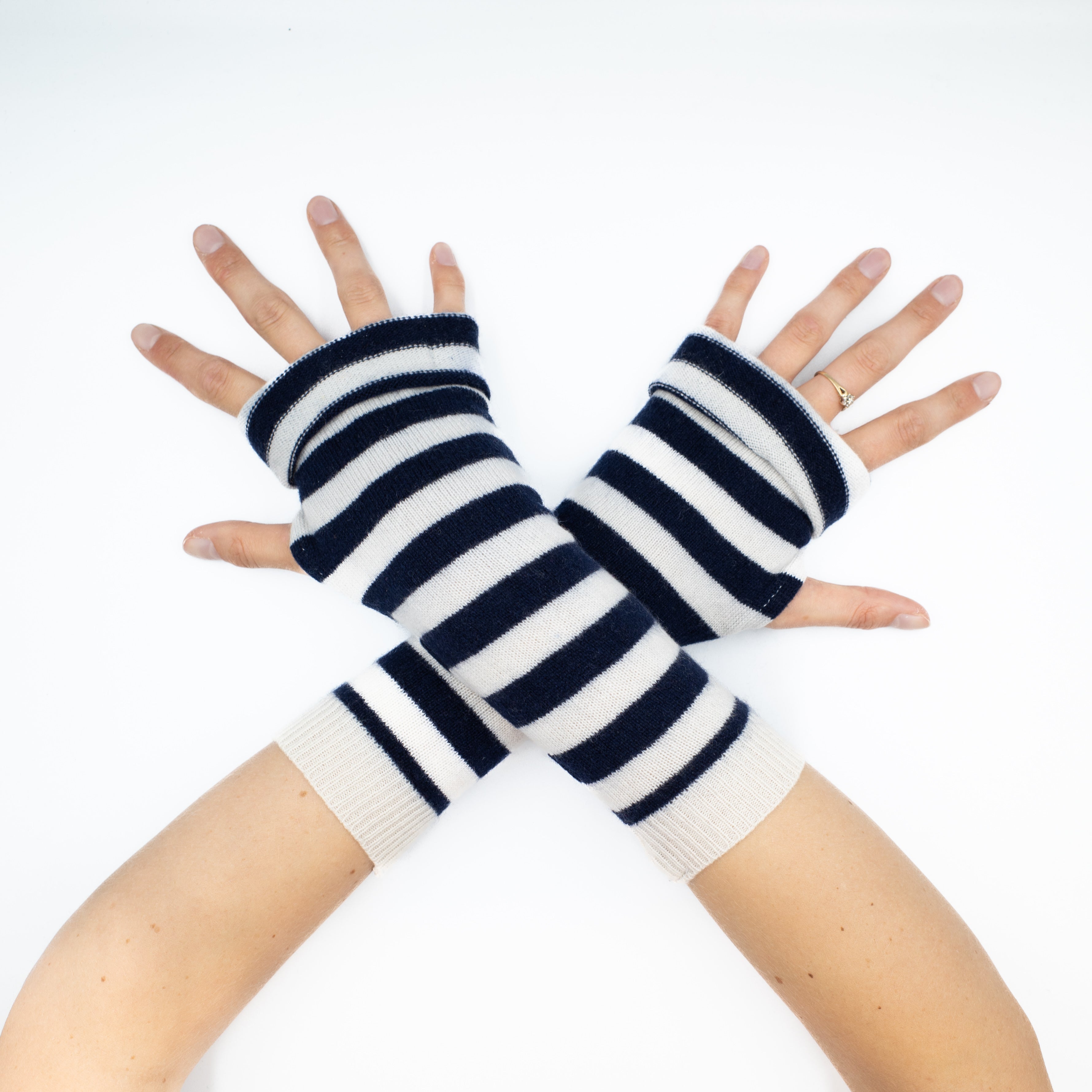 Navy and Cream Striped Fingerless Gloves