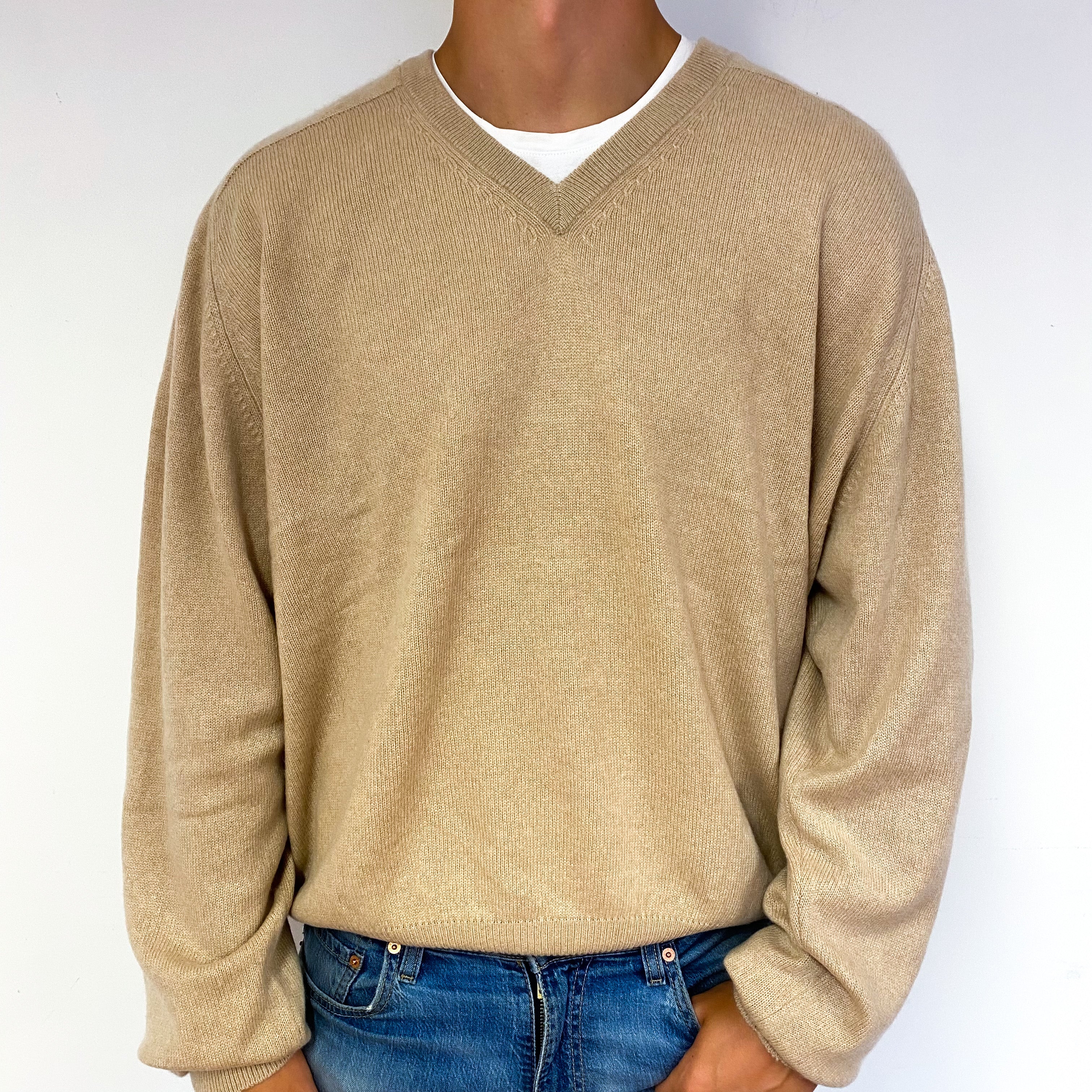 Men's Buff Beige Cashmere V-Neck Jumper XXXL/Tall