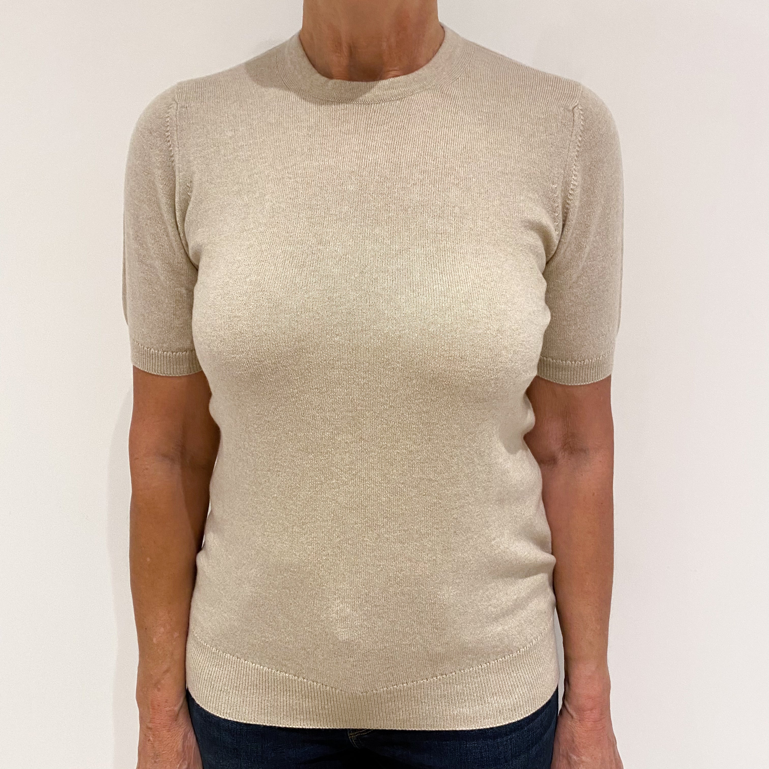 Brand New Scottish Sand Beige Short Sleeved Cashmere Crew Neck Jumper XS