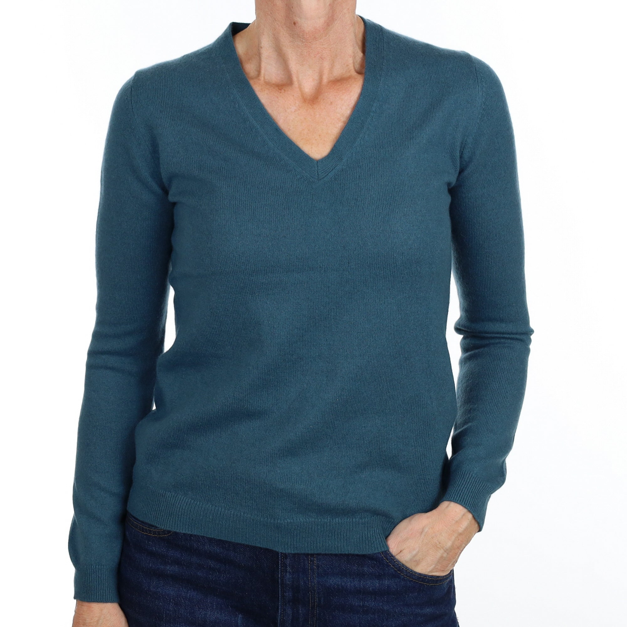 Teal Blue Cashmere V Neck Jumper Small