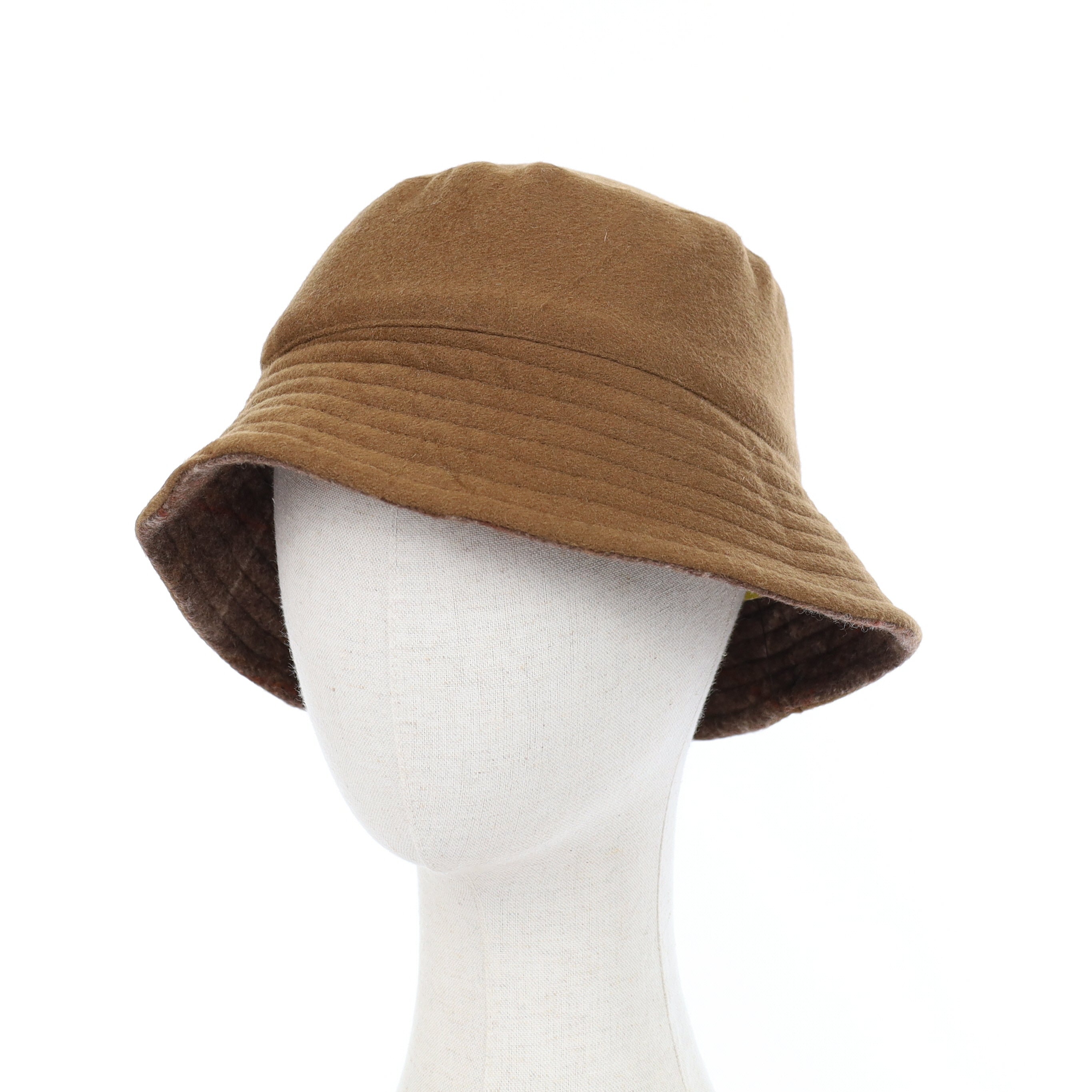 Brown and Rust Plaid Reversible Cashmere Bucket Hat Small