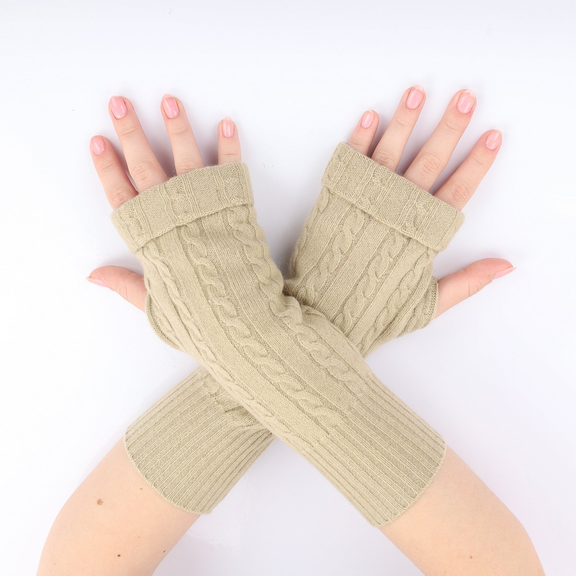 Beige Cable Fingerless Gloves