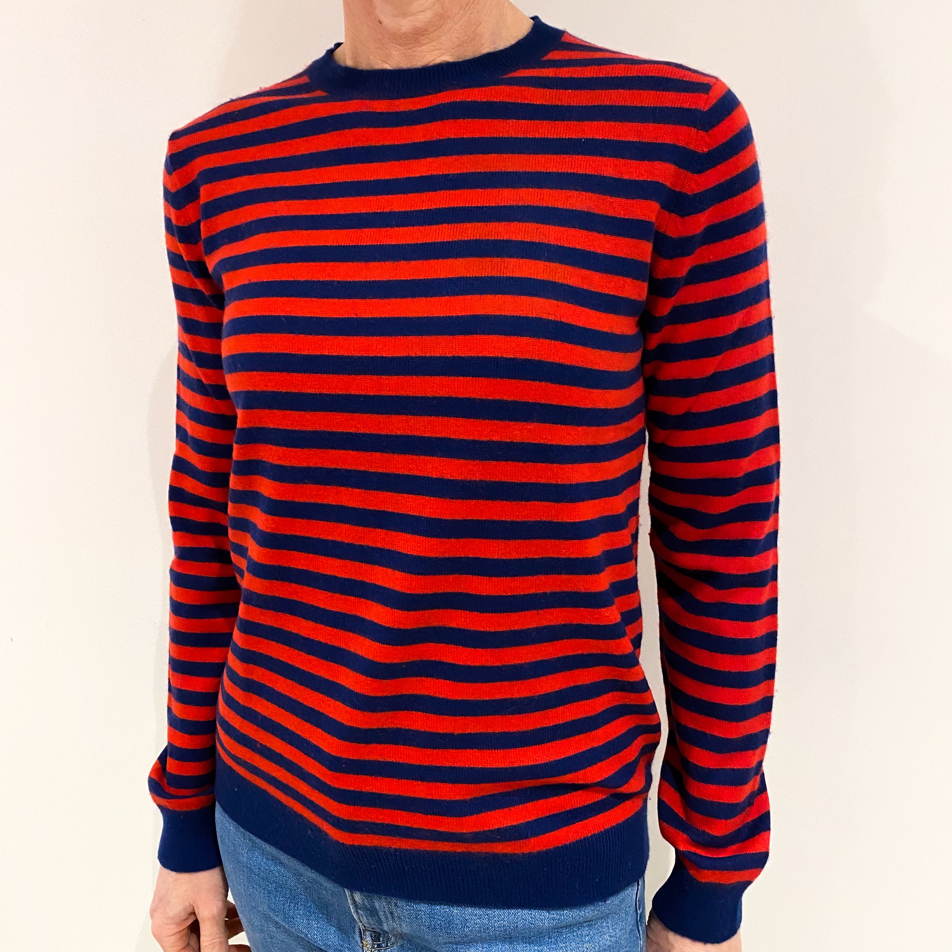 Navy Scarlet Red Stripe Cashmere Crew Neck Jumper Small