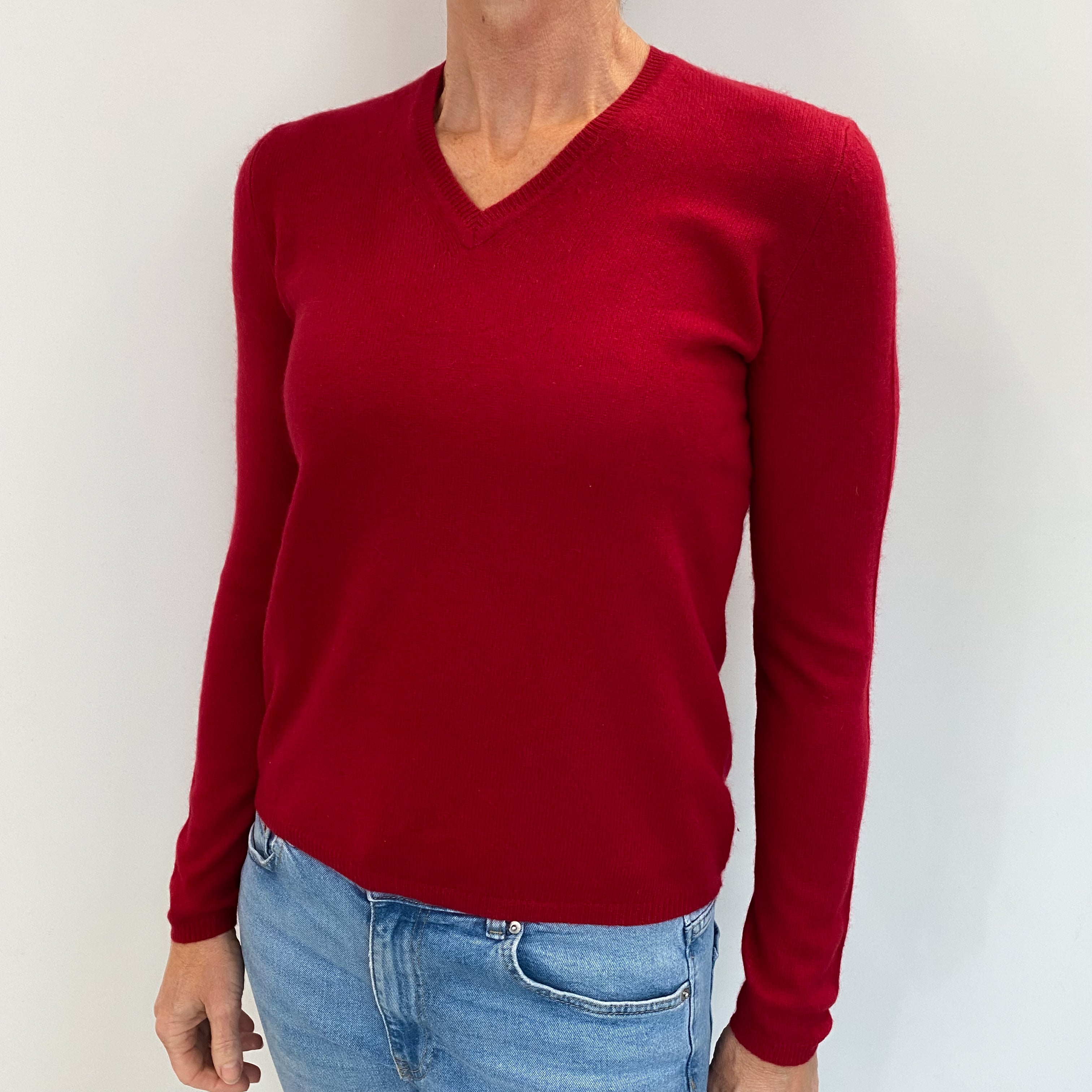 Crimson Red Cashmere V Neck Jumper Small