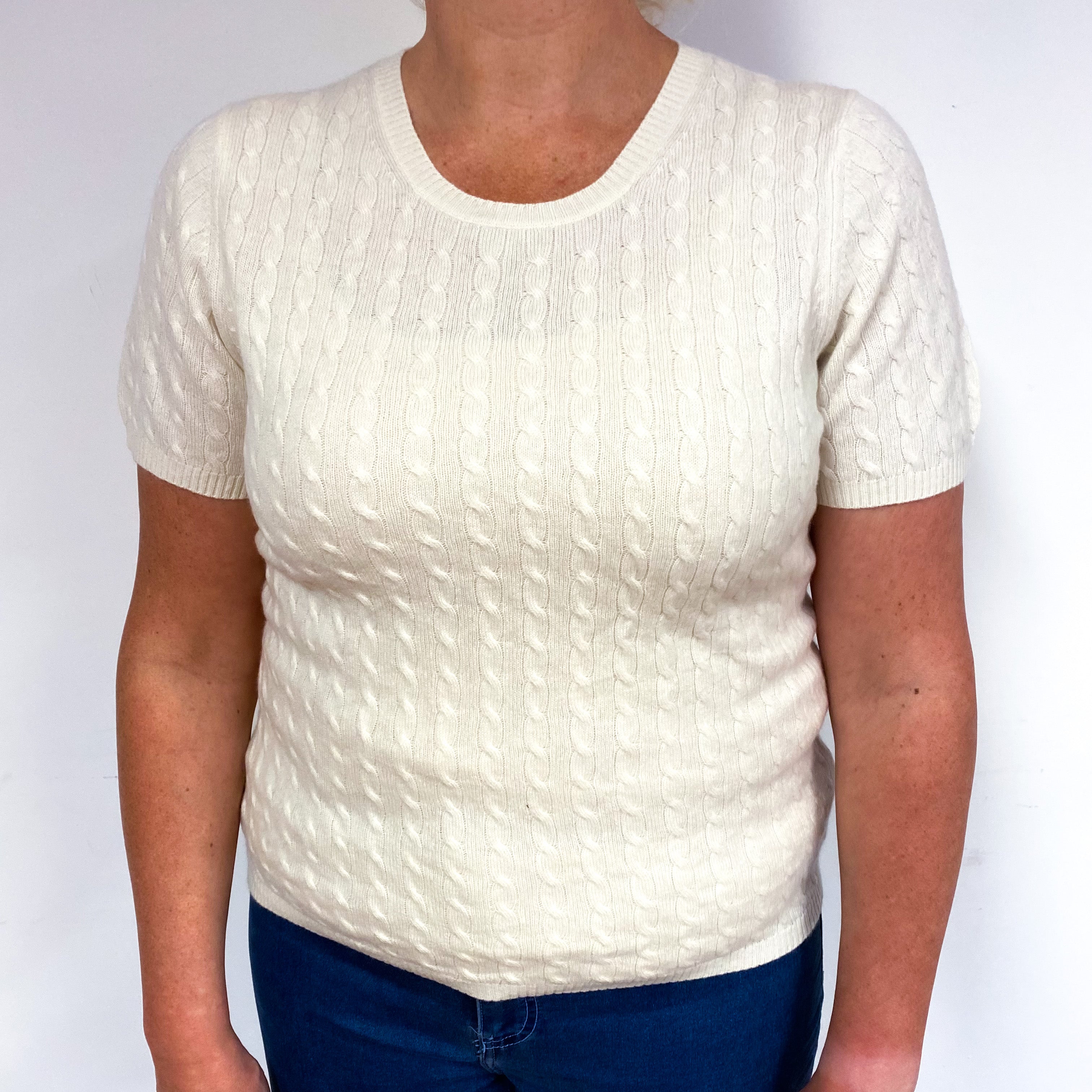 Cream Cable Short Sleeve Cashmere Crew Neck Jumper Large