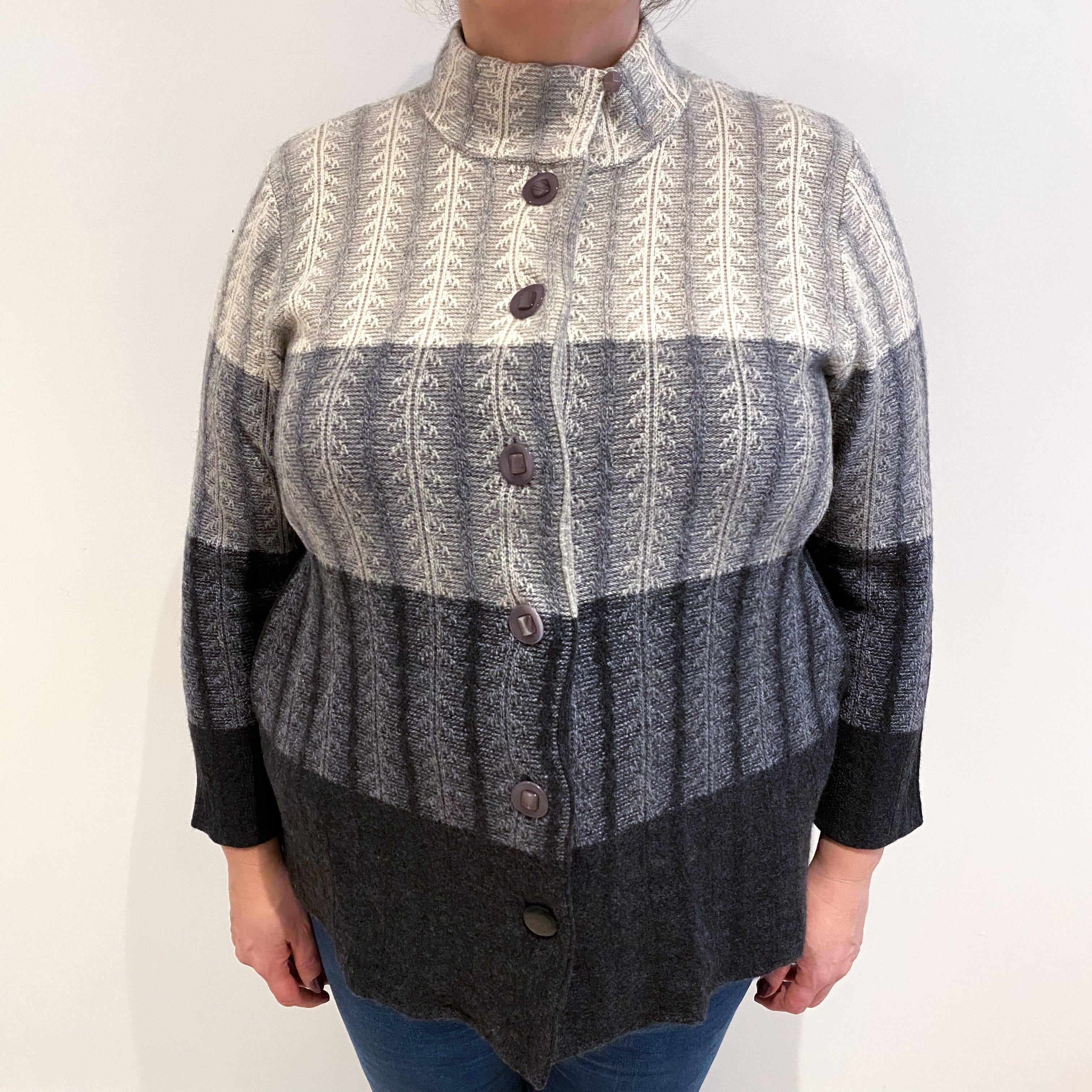 Grey Colour Block Cashmere Funnel Neck Cardigan Extra Large