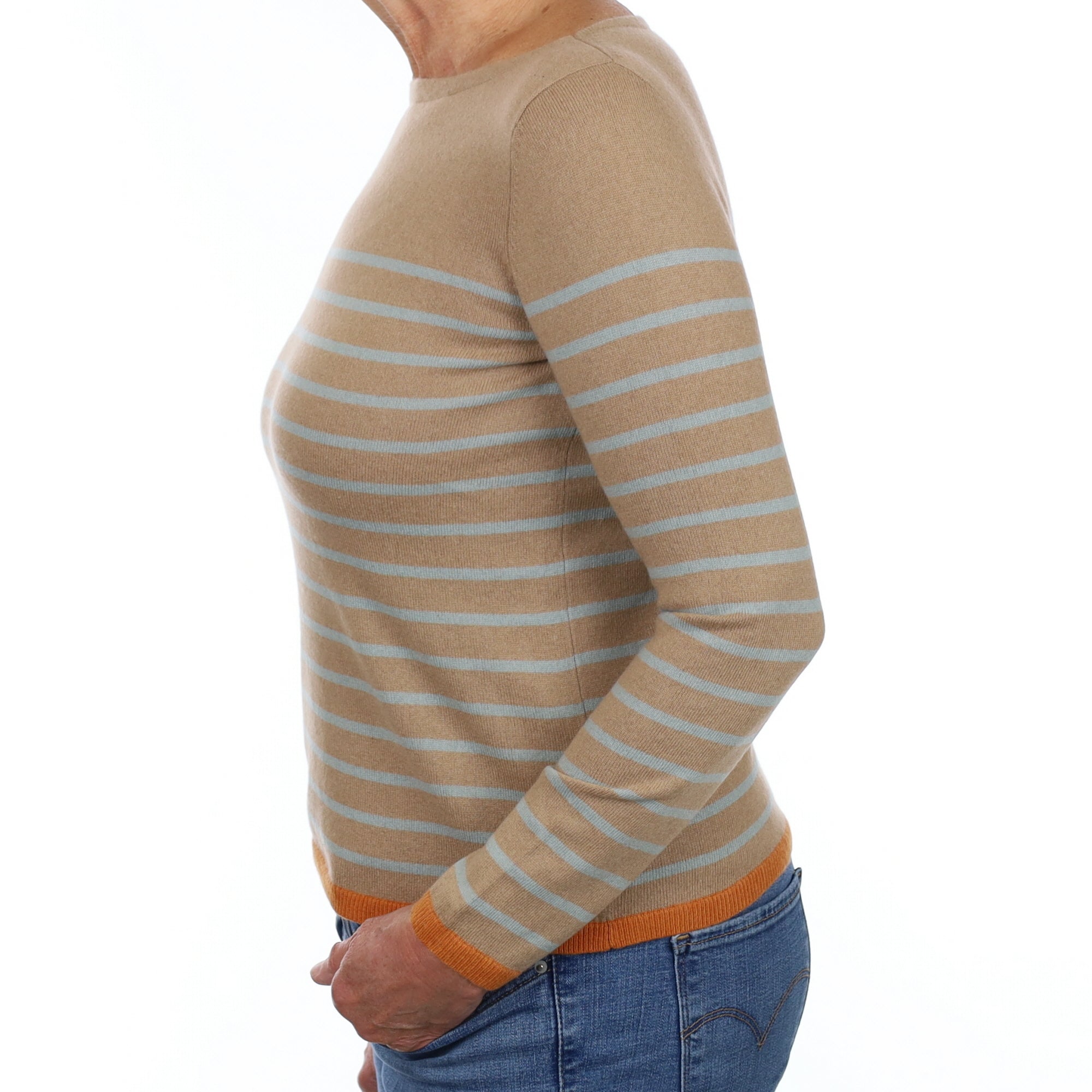 Camel and Blue Stripe Cashmere Boat Neck Jumper Medium