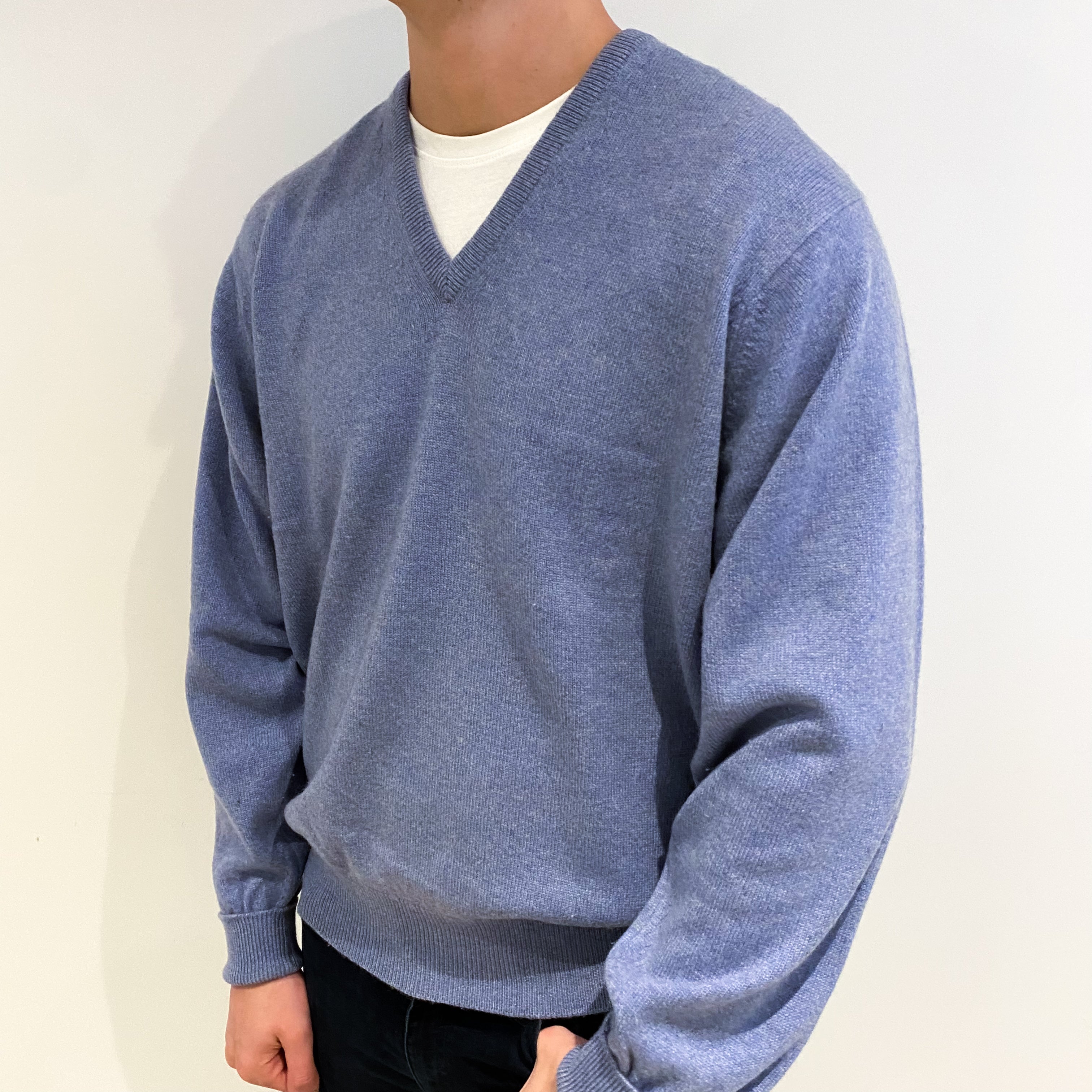 Men's Scottish Denim Blue Cashmere V Neck Jumper XXL