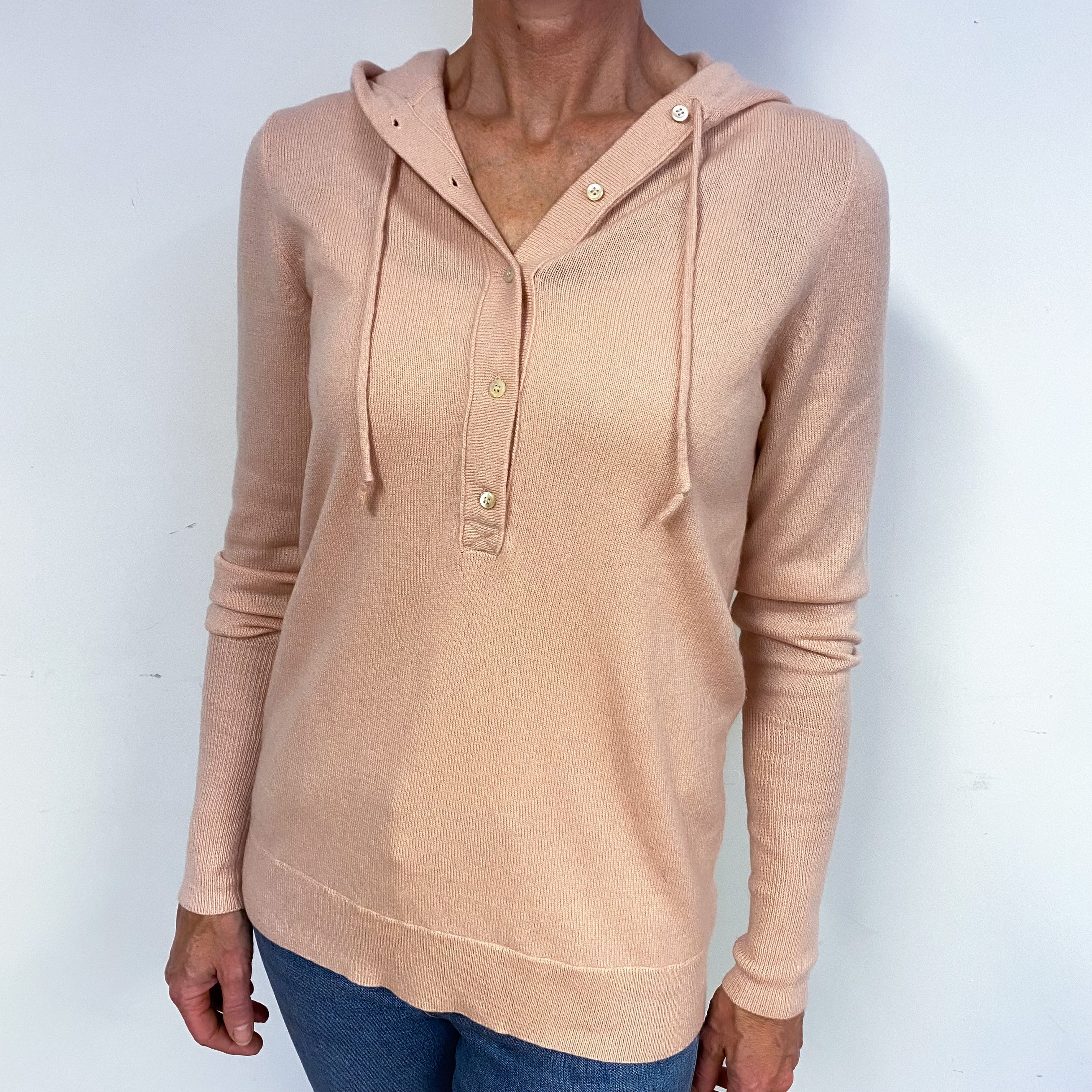 Shell Pink Cashmere Buttoned Hoodie Jumper Medium
